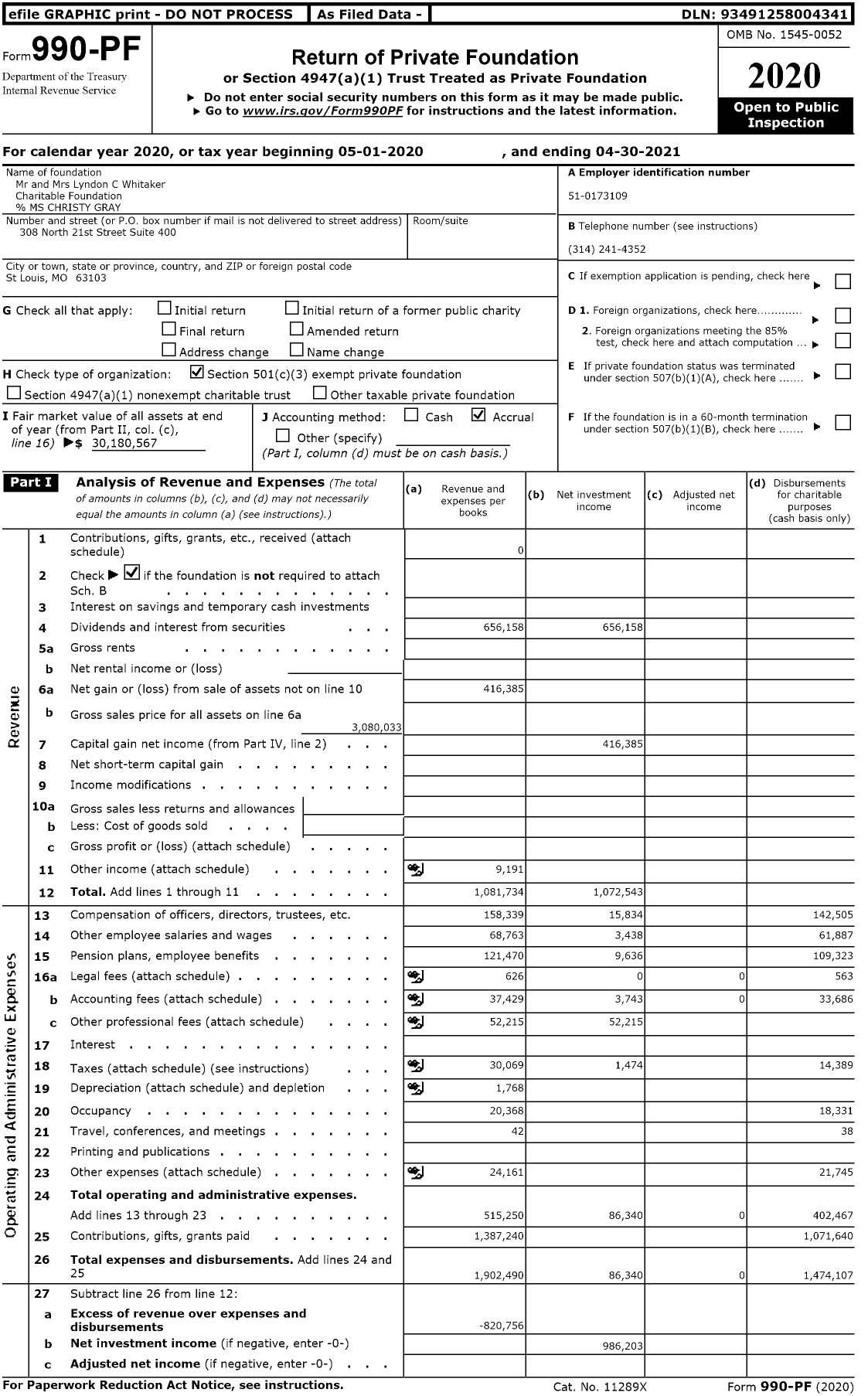 Image of first page of 2020 Form 990PF for Mr and Mrs Lyndon C Whitaker Charitable Foundation