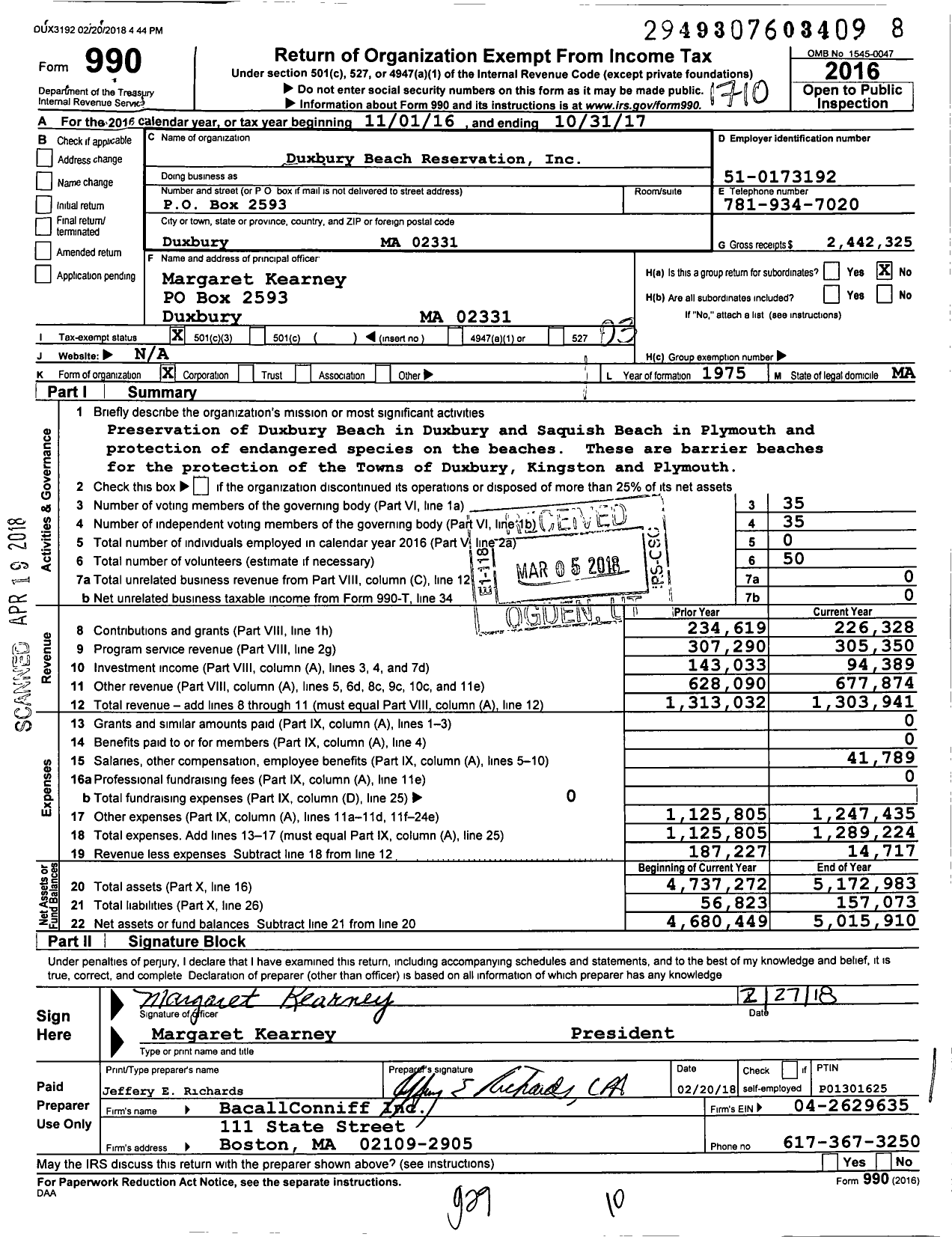 Image of first page of 2016 Form 990 for Duxbury Beach Reservation