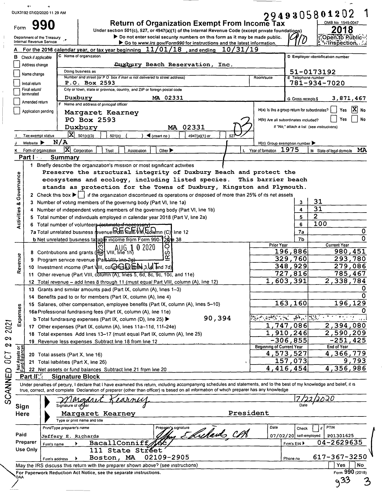 Image of first page of 2018 Form 990 for Duxbury Beach Reservation