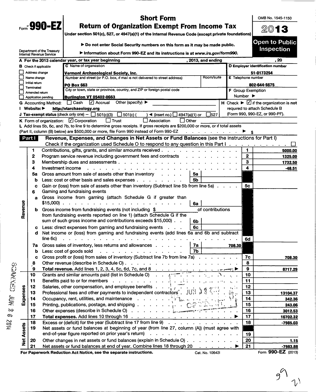 Image of first page of 2013 Form 990EO for Vermont Archaeological Society