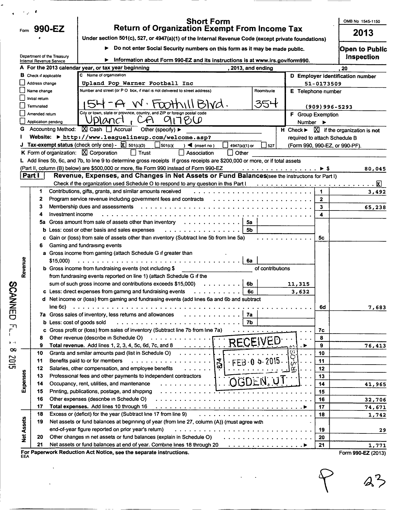 Image of first page of 2013 Form 990EZ for Pop Warner Little Scholars / Upland Pop Warner Football and CHR