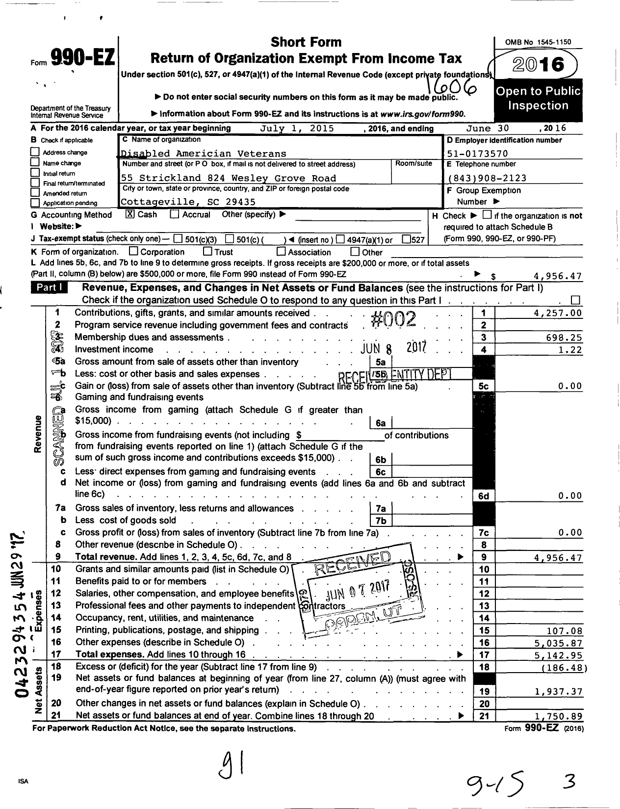 Image of first page of 2015 Form 990EO for Disabled American Veterans - 55 Strickland