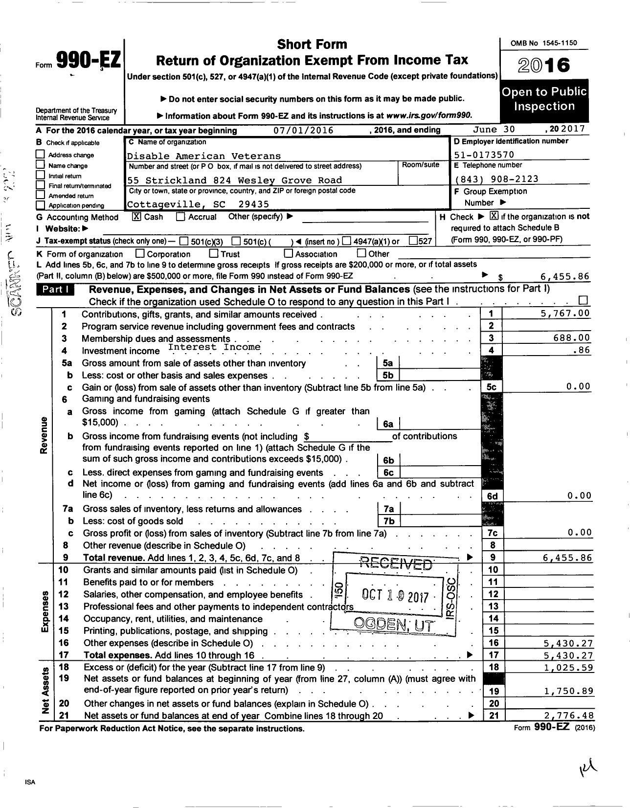 Image of first page of 2016 Form 990EO for Disabled American Veterans - 55 Strickland
