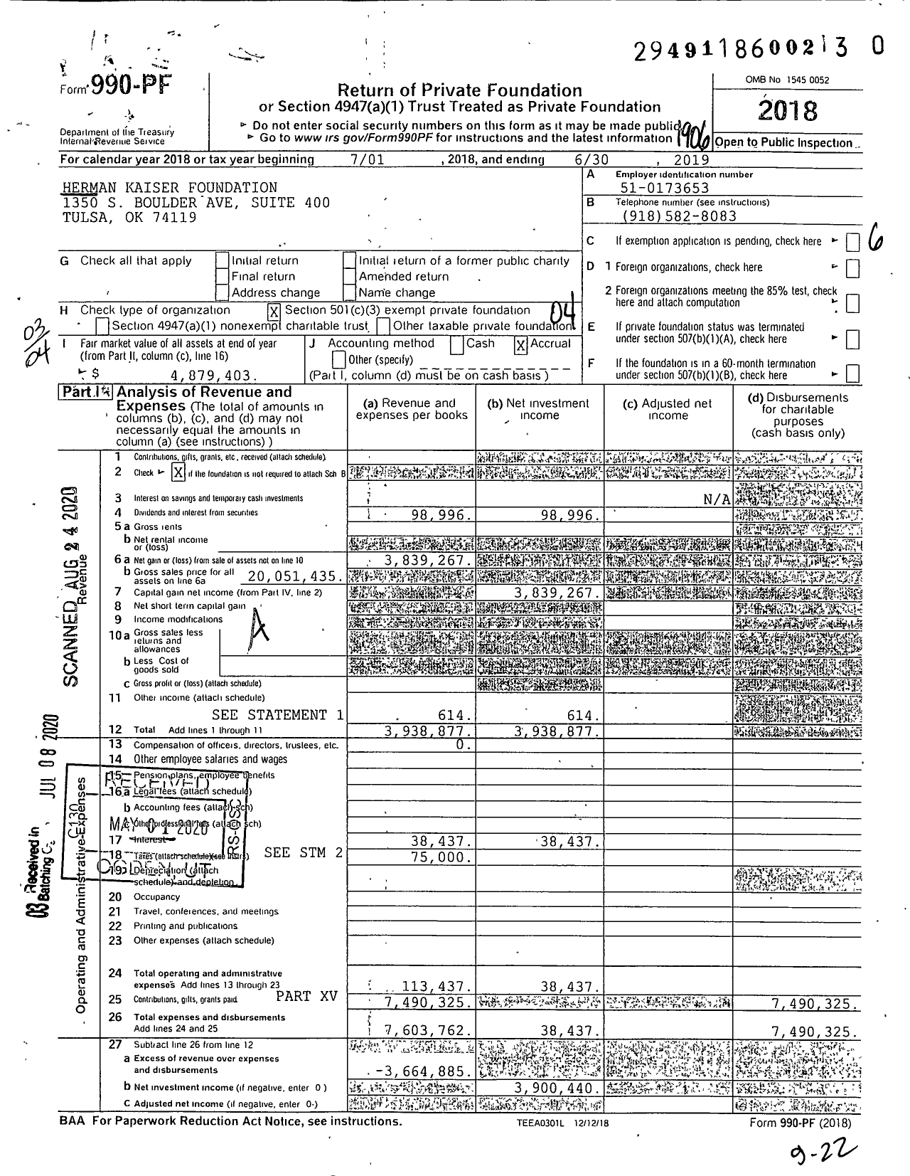 Image of first page of 2018 Form 990PR for Herman Kaiser Foundation
