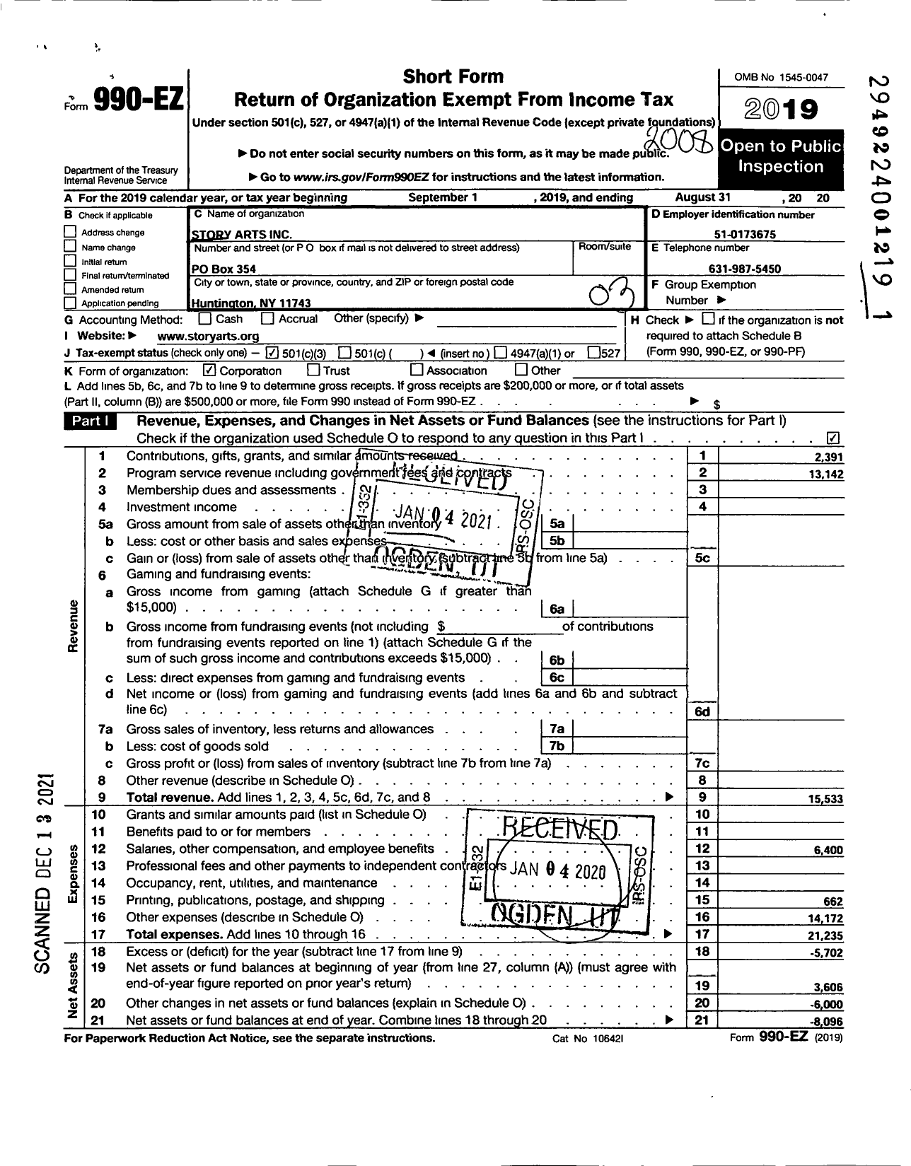 Image of first page of 2019 Form 990EZ for Story Arts