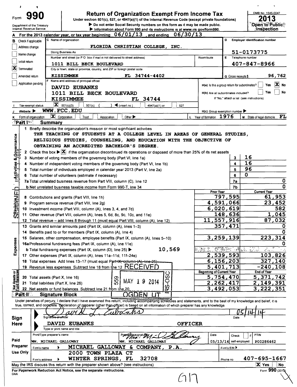 Image of first page of 2012 Form 990 for Florida Christian College