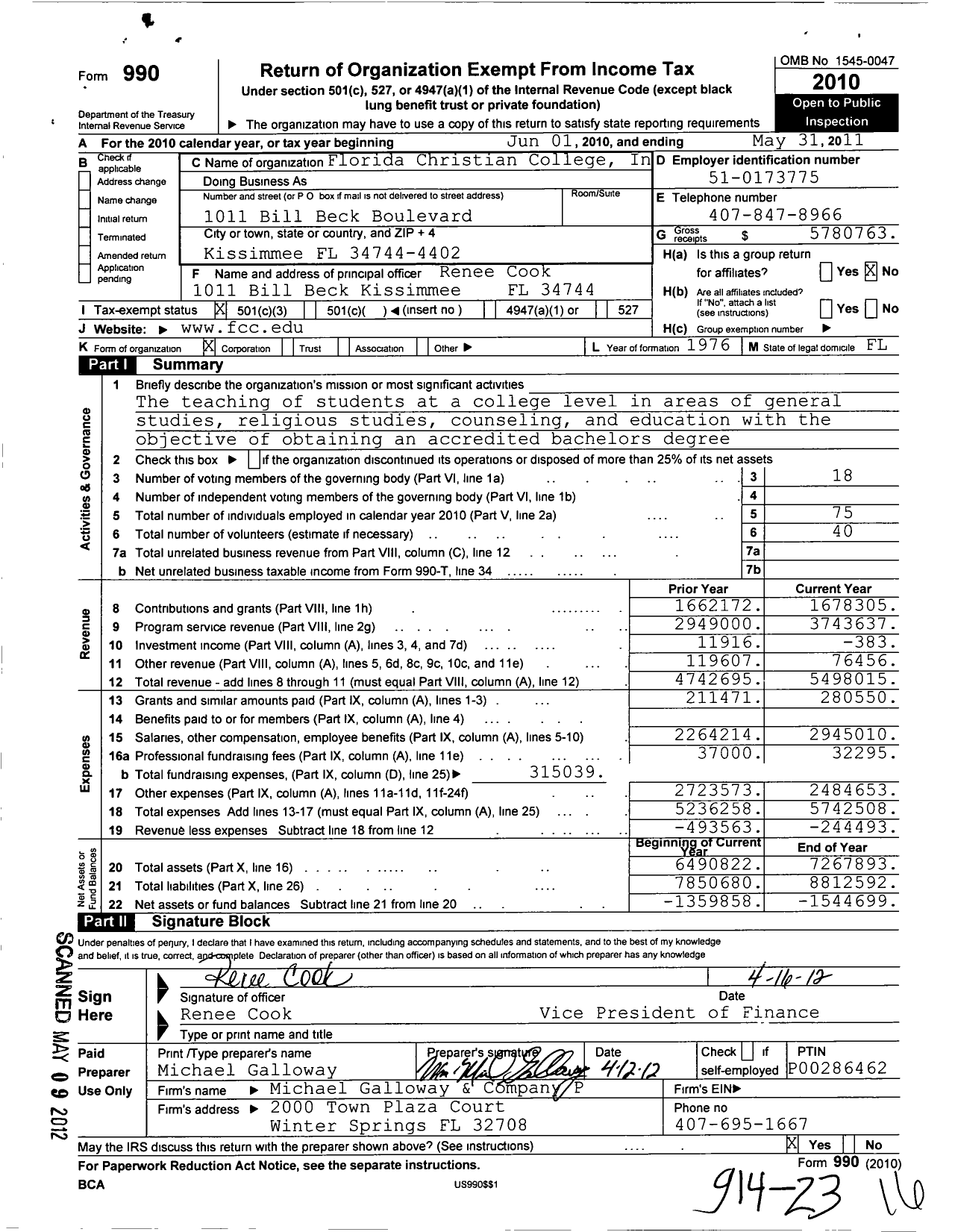 Image of first page of 2010 Form 990 for Florida Christian College