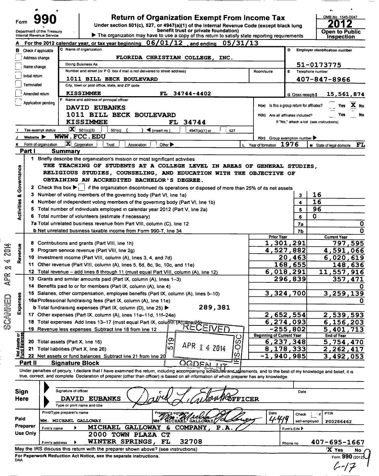 Image of first page of 2012 Form 990 for Florida Christian College