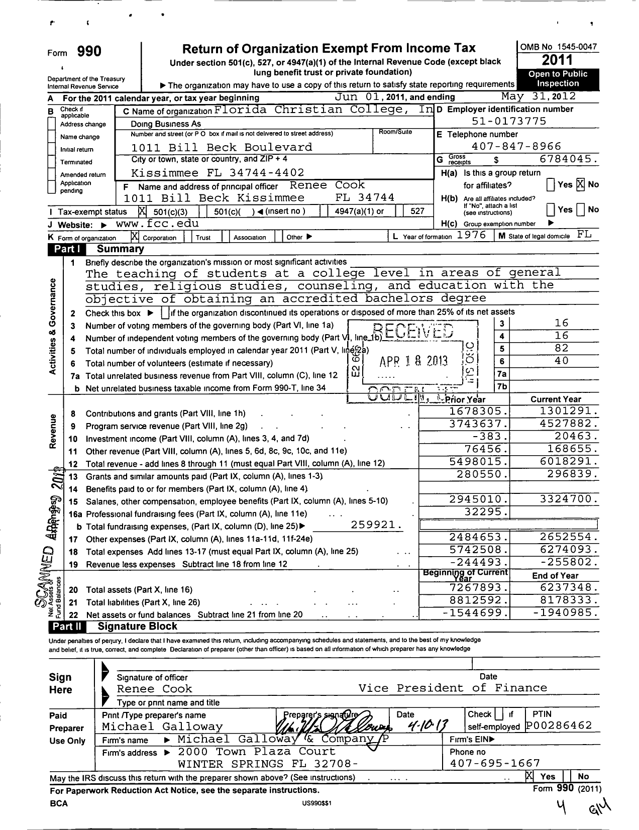 Image of first page of 2011 Form 990 for Florida Christian College