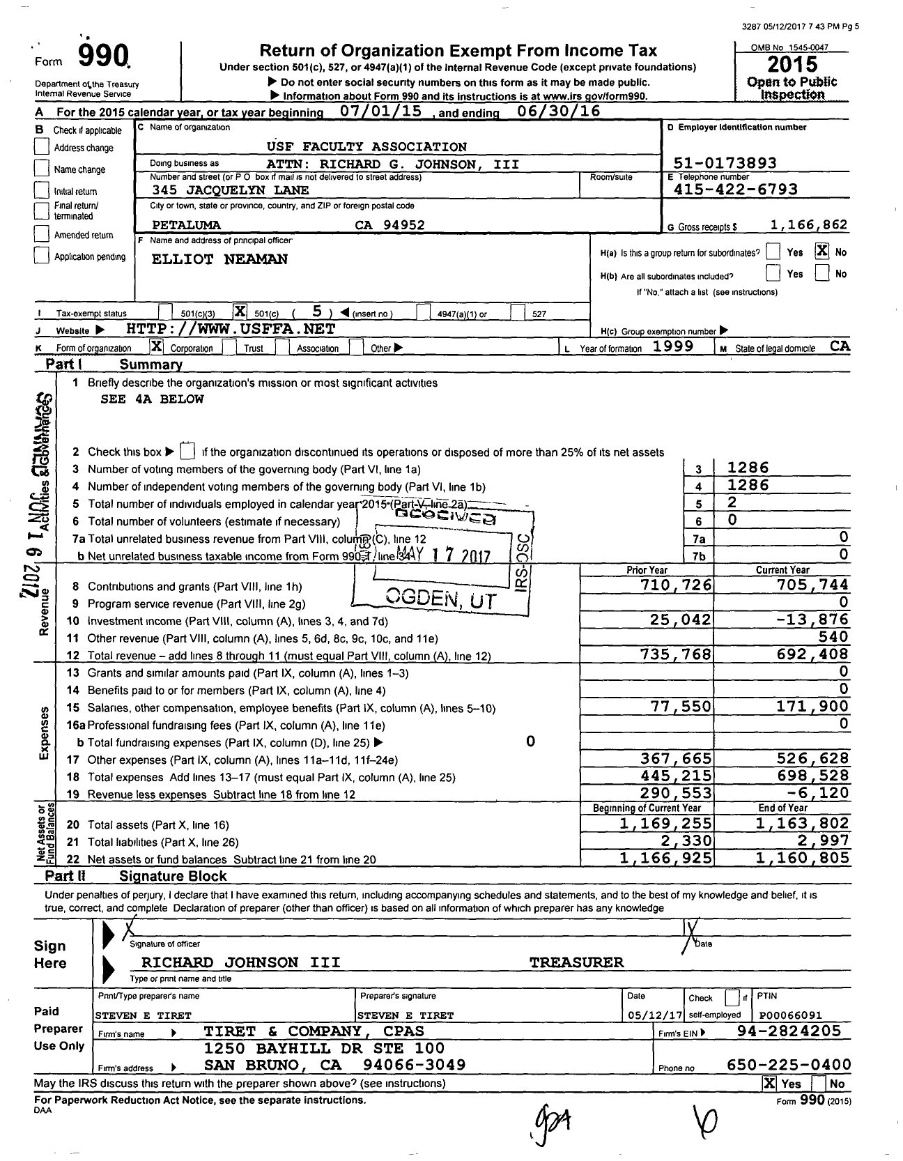 Image of first page of 2015 Form 990O for American Federation of Teachers - Attn Richard G Johnson Iii