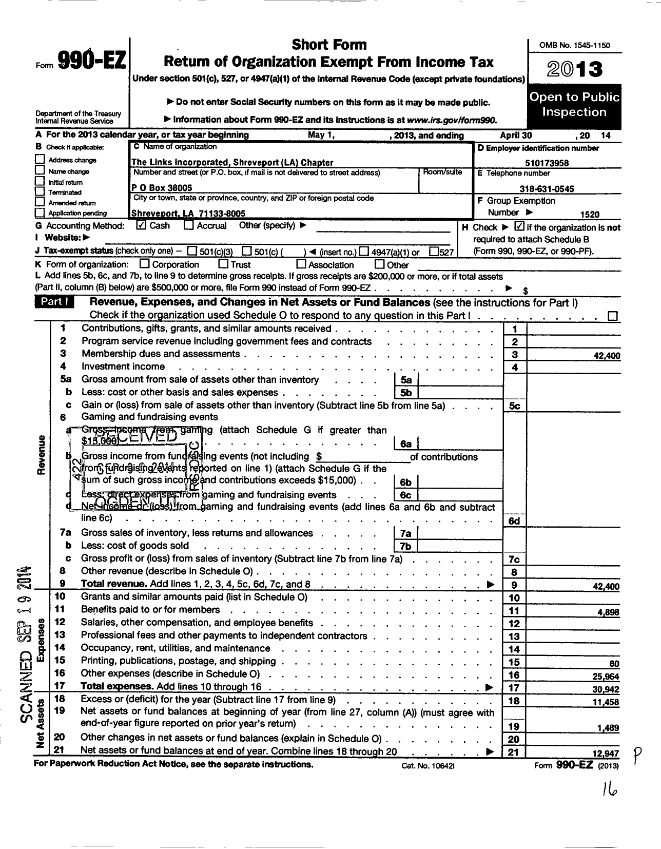 Image of first page of 2013 Form 990EO for Links / Shreveport Chapter