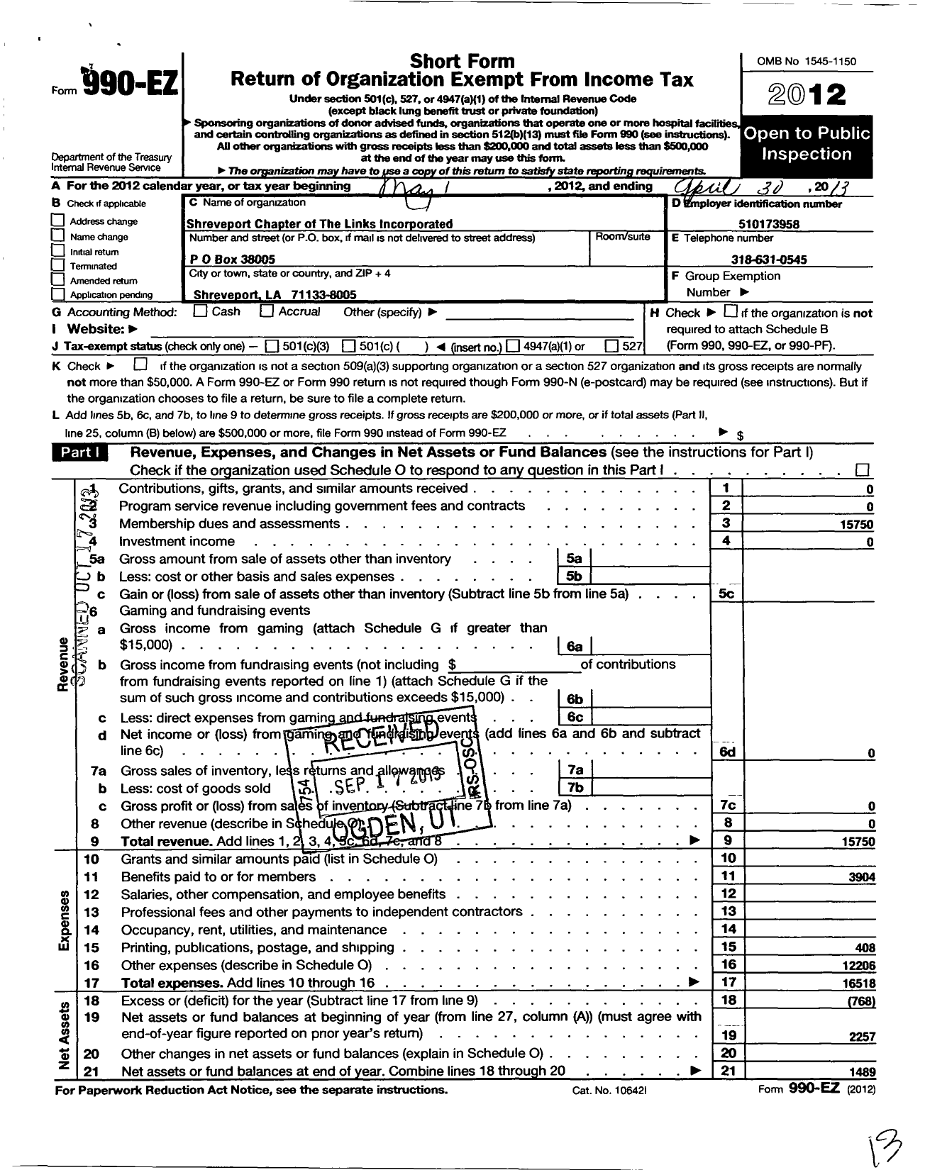 Image of first page of 2012 Form 990EO for Links / Shreveport Chapter