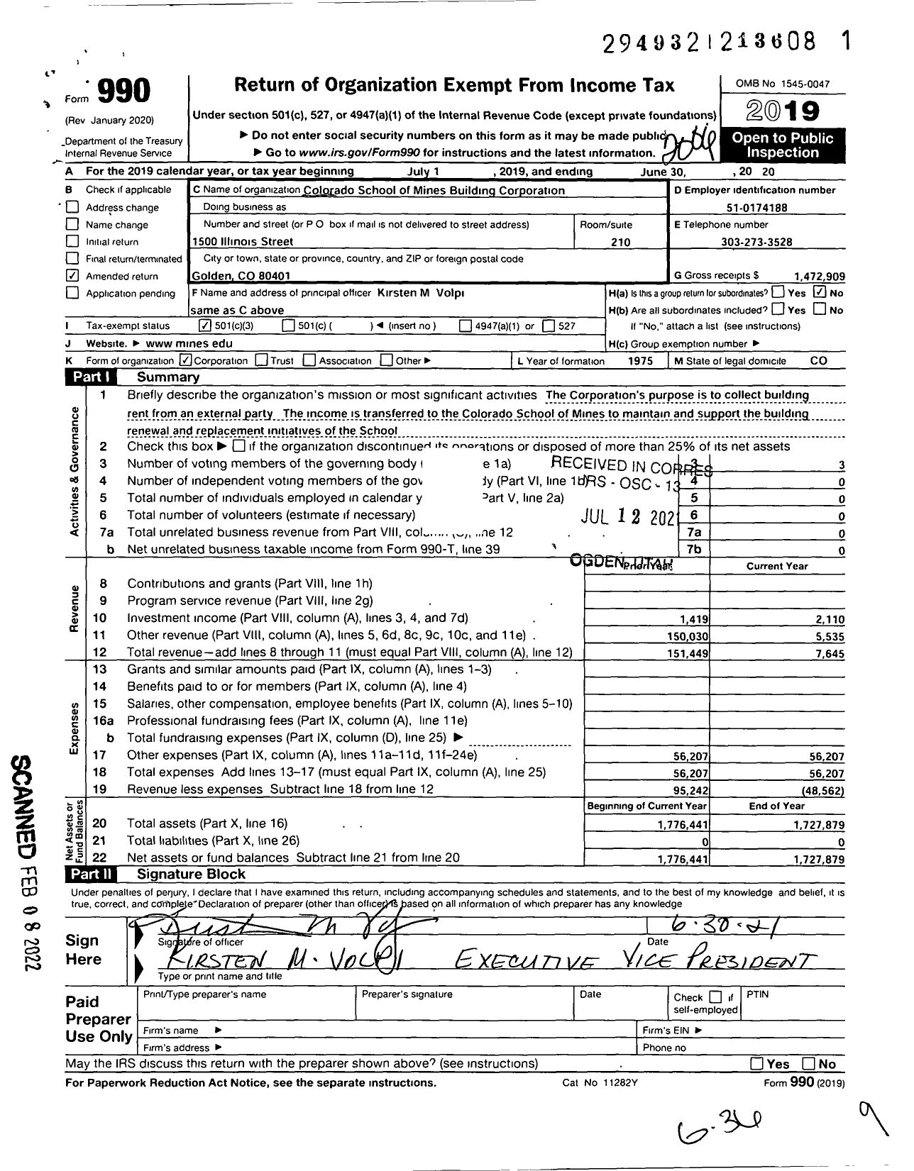 Image of first page of 2019 Form 990 for Colorado School of Mines Building Corporation