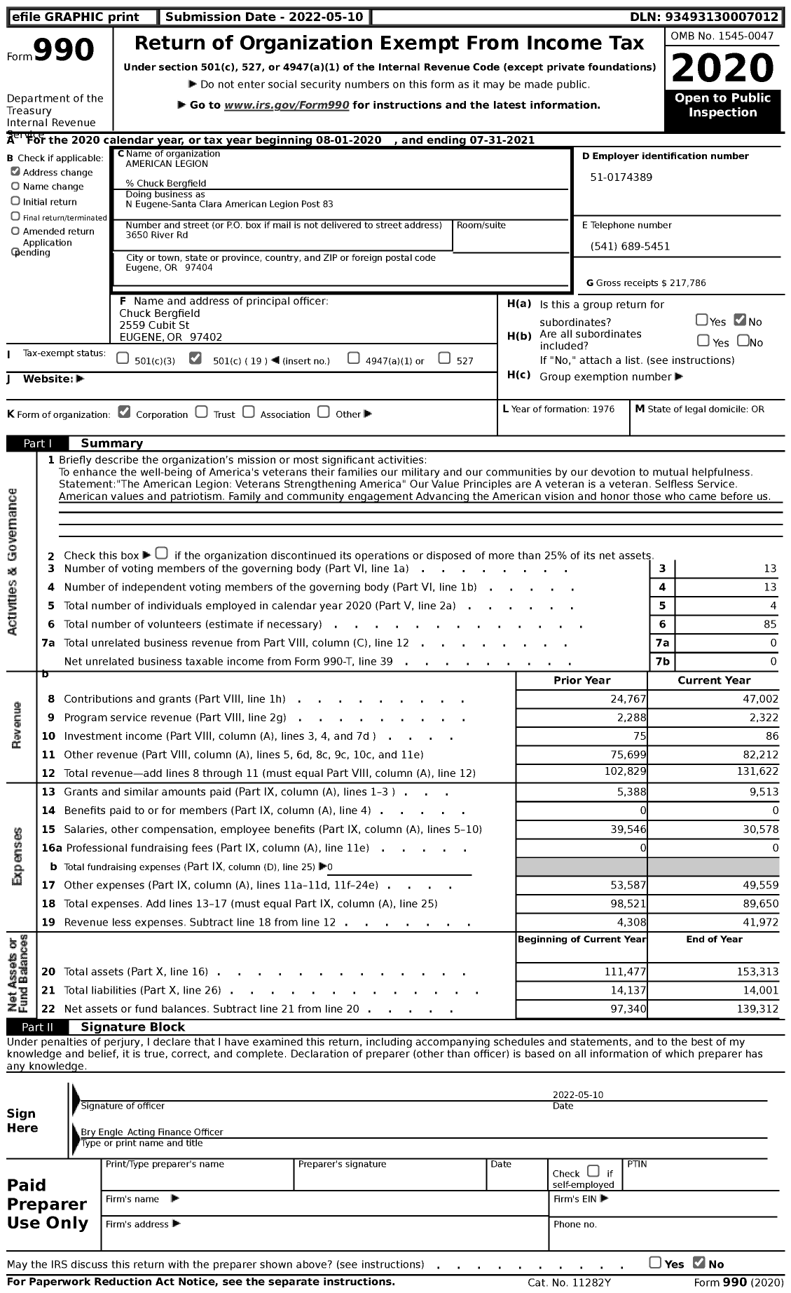 Image of first page of 2020 Form 990 for American Legion - American Legion 83 North Eugene-Santa Clara