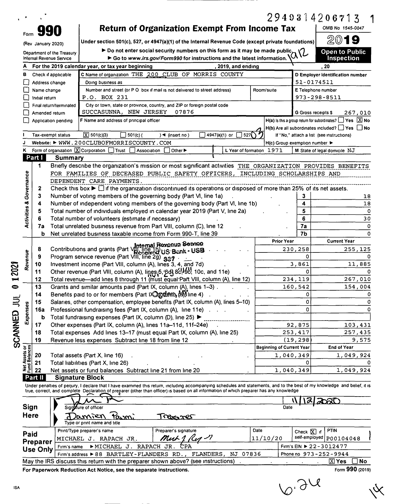 Image of first page of 2019 Form 990 for The Two Hundred Club of Morris County