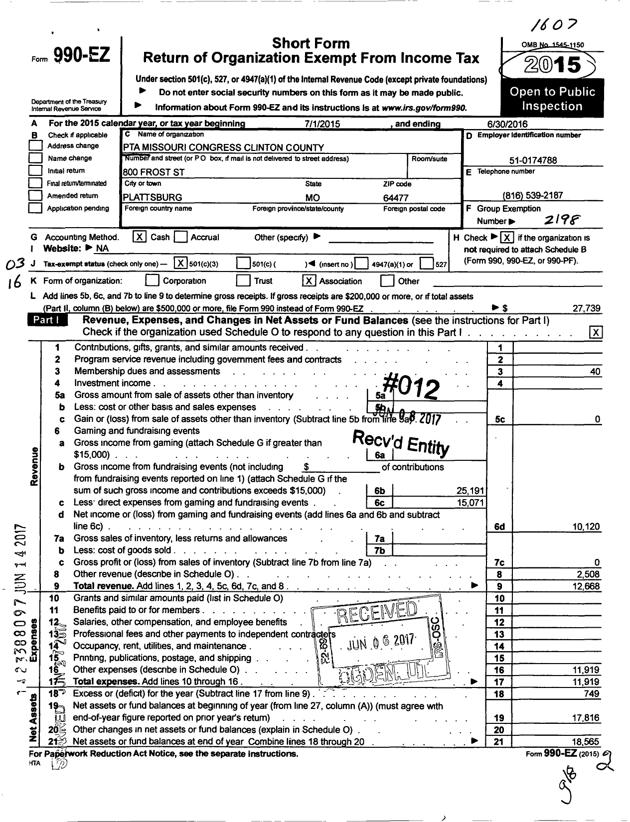 Image of first page of 2015 Form 990EZ for PTA Missouri Congress Clinton Congress
