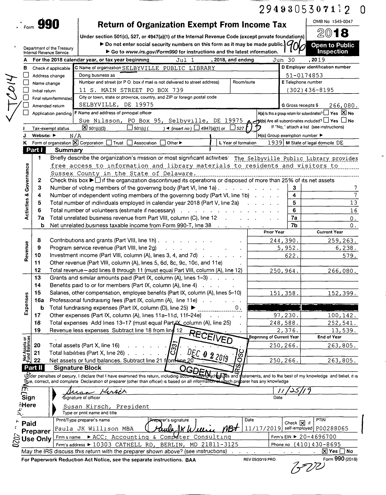 Image of first page of 2018 Form 990 for Selbyville Public Library