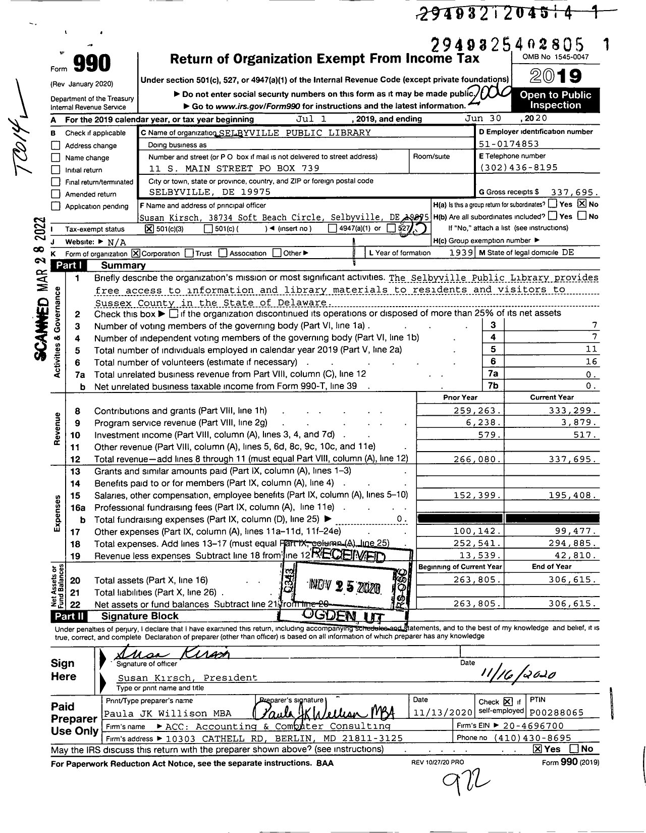 Image of first page of 2019 Form 990 for Selbyville Public Library