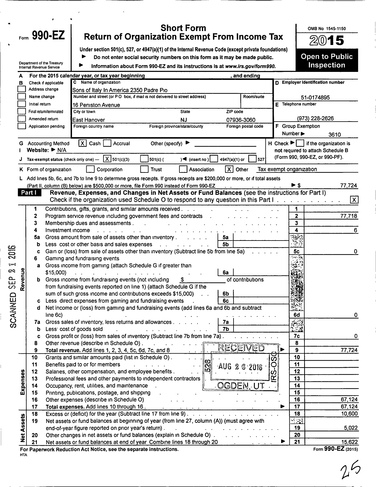 Image of first page of 2015 Form 990EZ for Sons of Italy In America 2350 Padre Pio