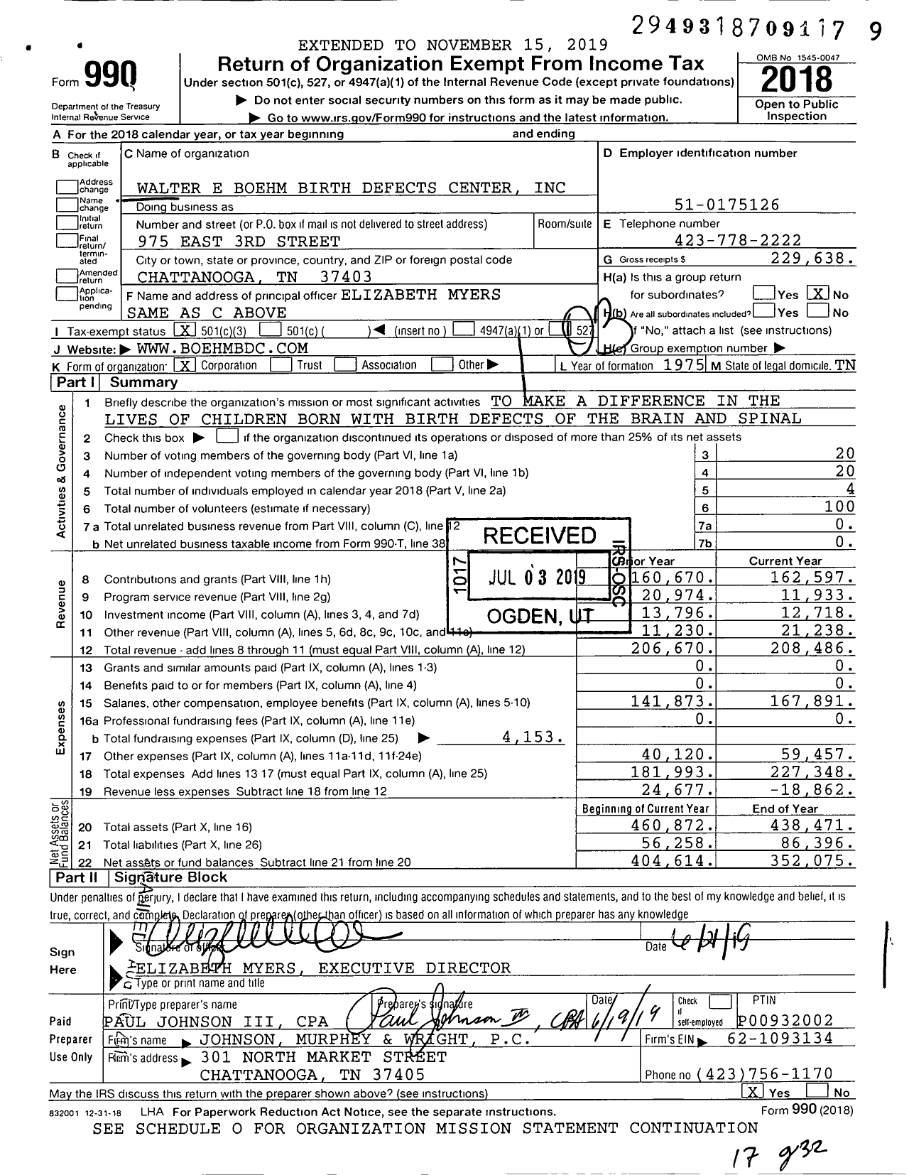 Image of first page of 2018 Form 990 for Walter E Boehm Birth Defects Center