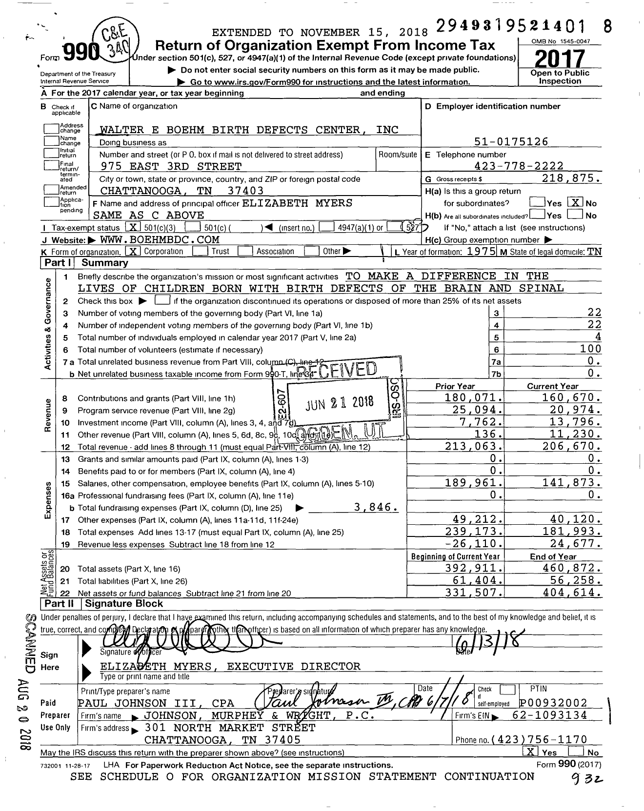Image of first page of 2017 Form 990 for Walter E Boehm Birth Defects Center