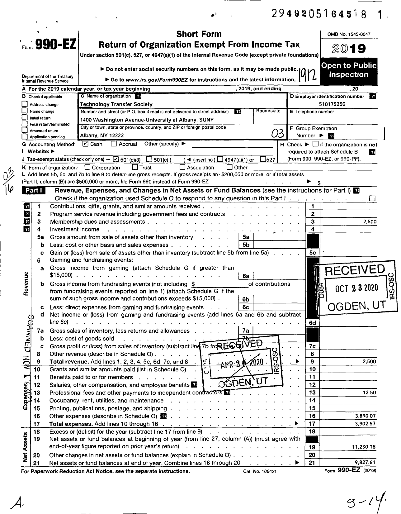 Image of first page of 2019 Form 990EZ for Technology Transfer Society