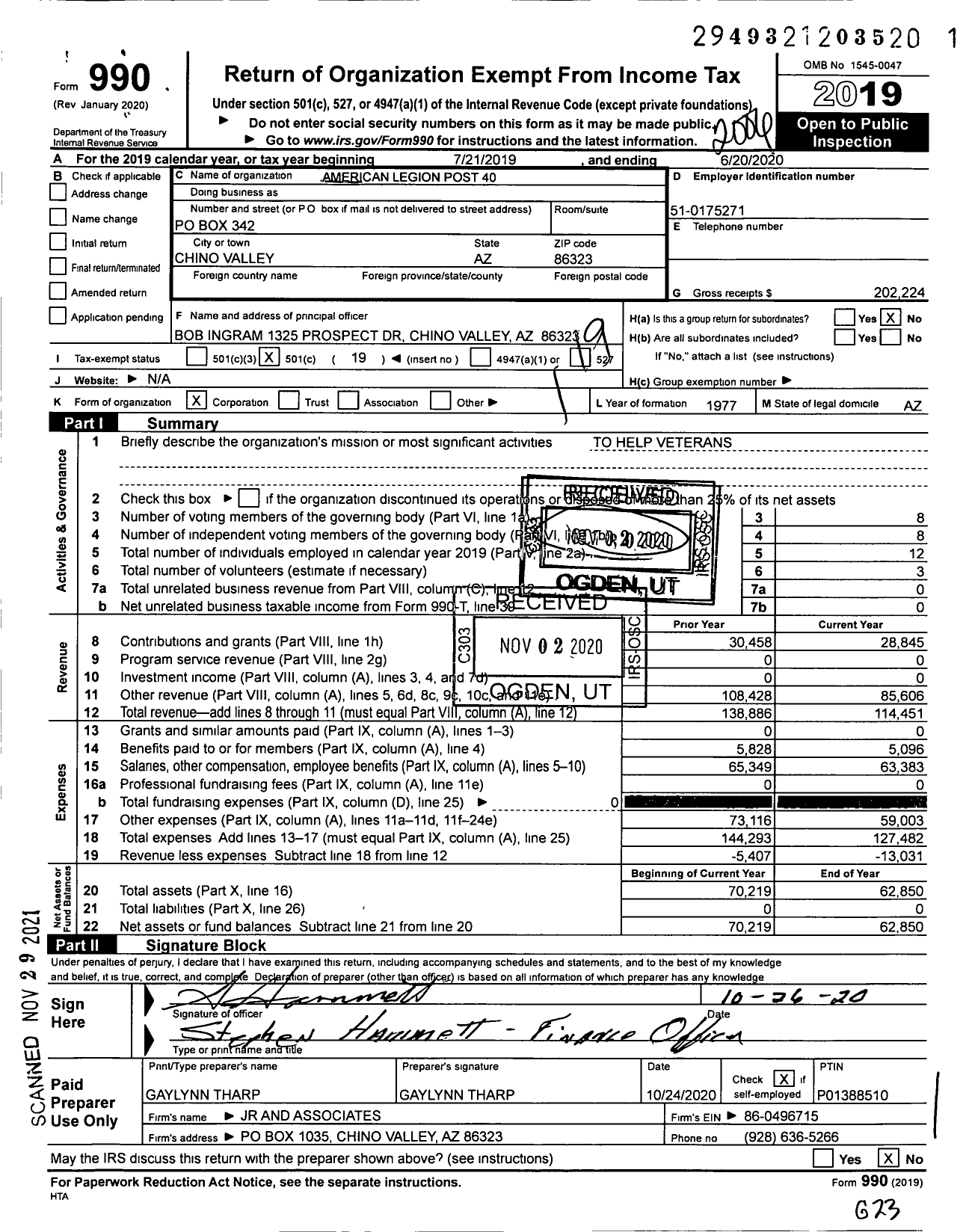 Image of first page of 2019 Form 990O for American Legion - 40 Bobby Bisjak