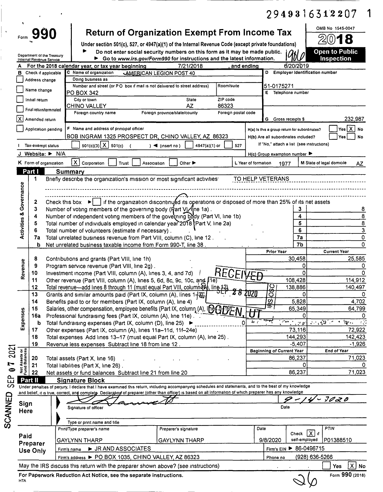 Image of first page of 2018 Form 990O for American Legion - 40 Bobby Bisjak