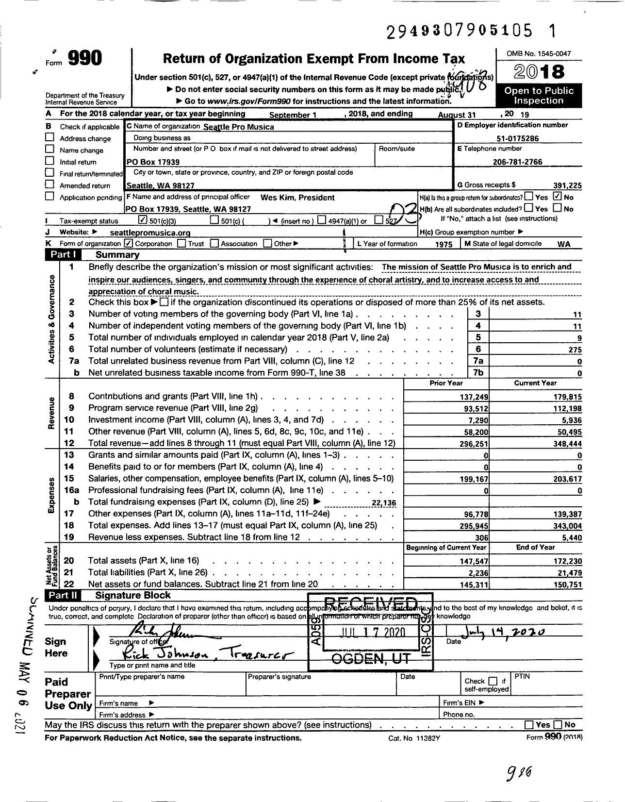 Image of first page of 2018 Form 990 for Seattle Pro Musica