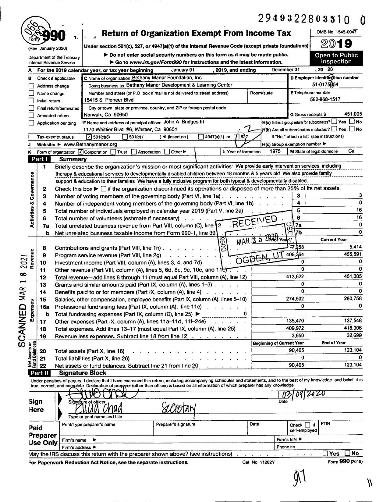 Image of first page of 2019 Form 990 for Bethany Manor Foundation / Bethany Manor Development and Learning Center