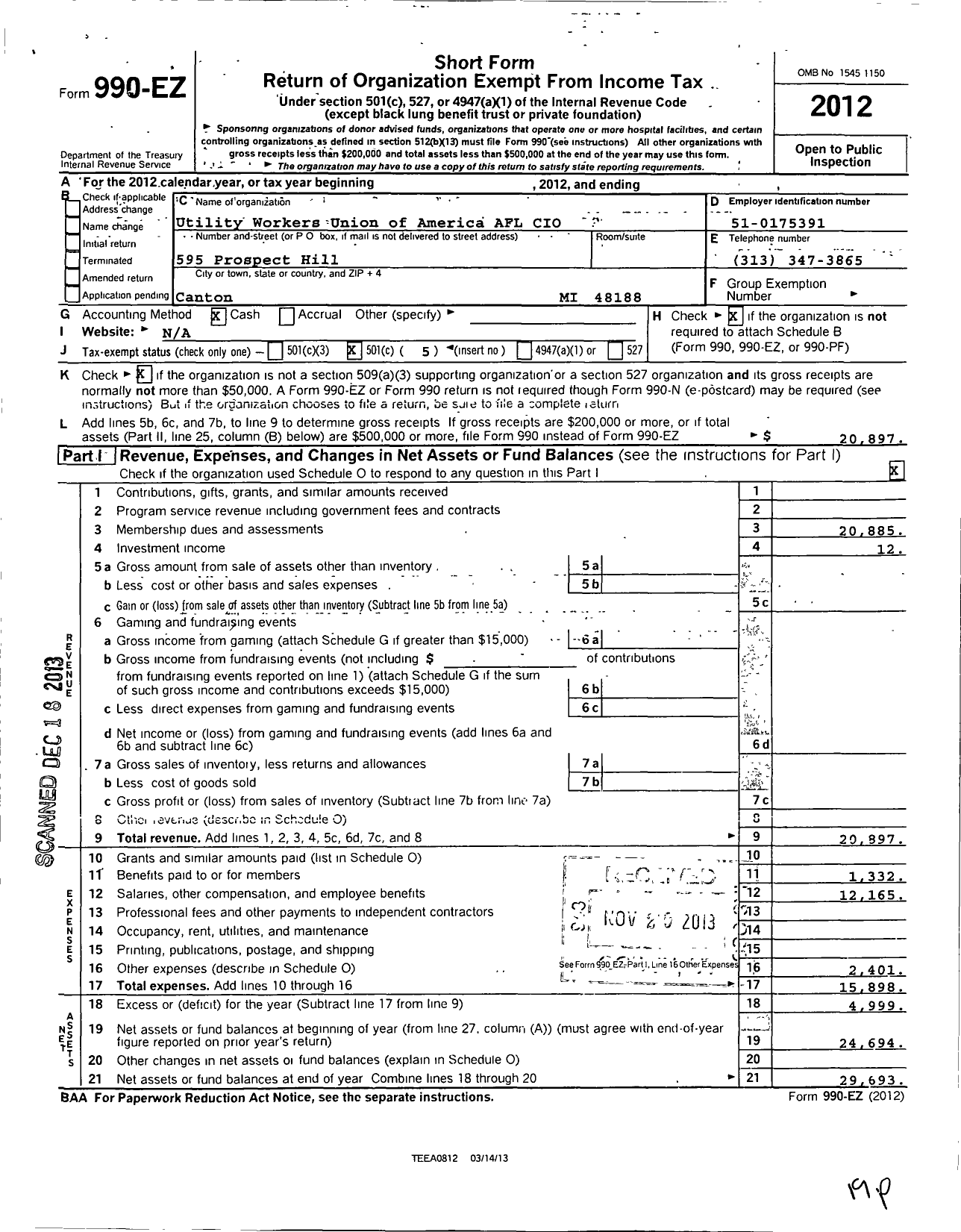 Image of first page of 2012 Form 990EO for Utility Workers Union of America - 223 Stores Dept Div