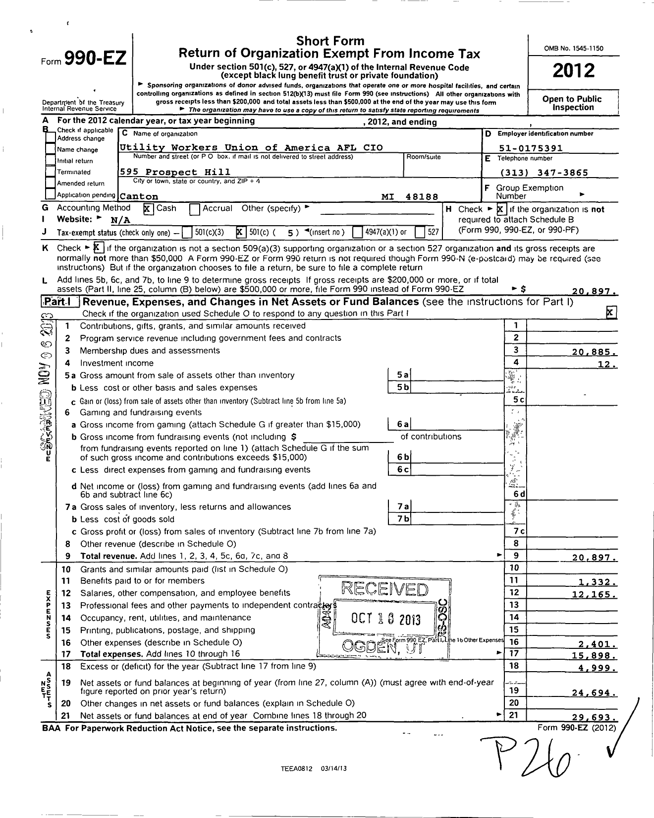 Image of first page of 2012 Form 990EO for Utility Workers Union of America - 223 Stores Dept Div