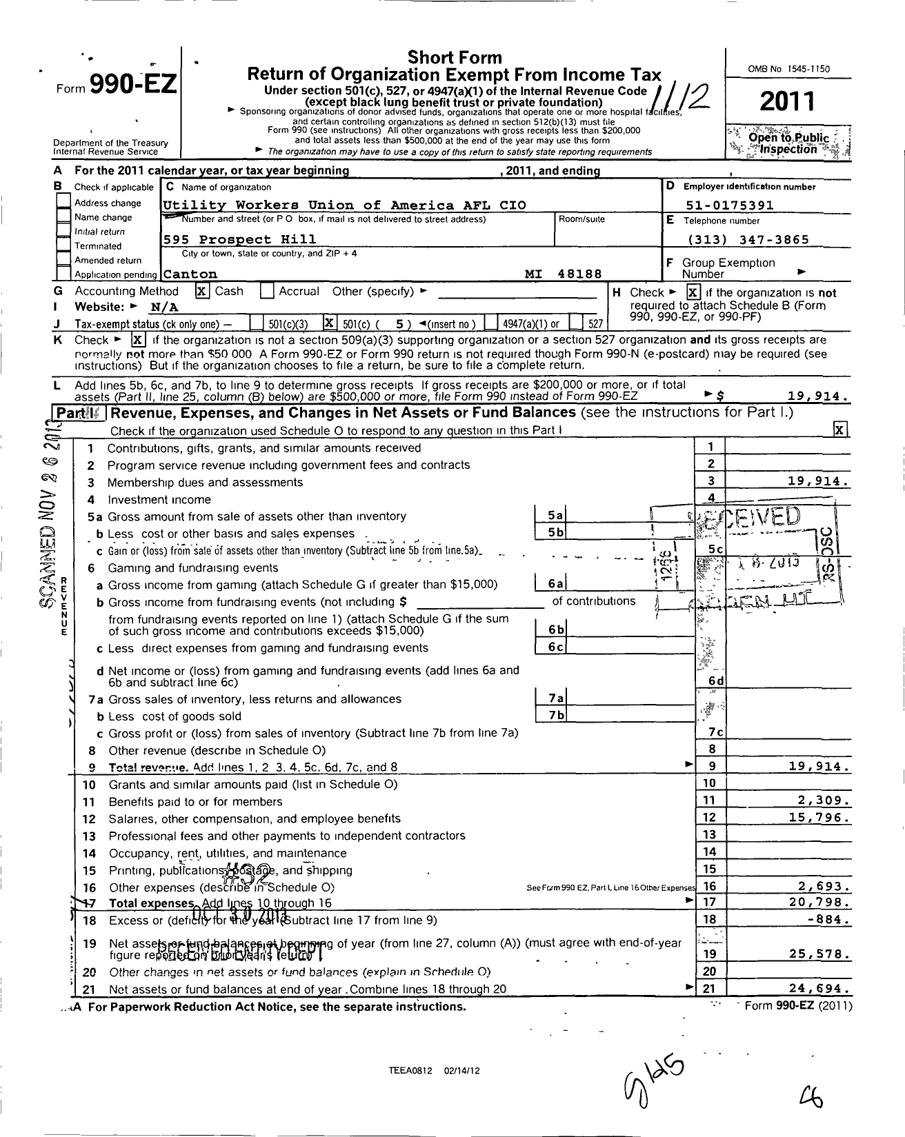 Image of first page of 2011 Form 990EO for Utility Workers Union of America - 223 Stores Dept Div