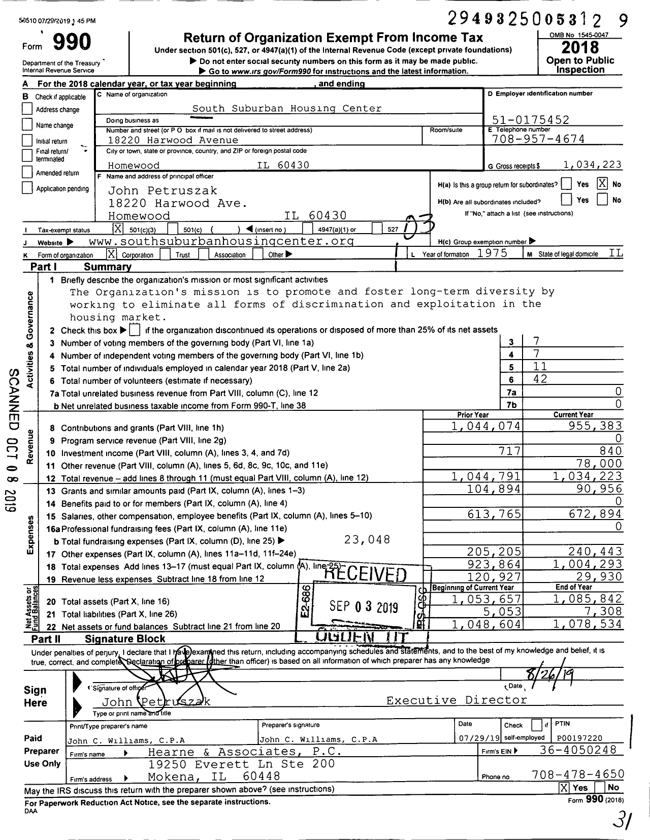 Image of first page of 2018 Form 990 for South Suburban Housing Center