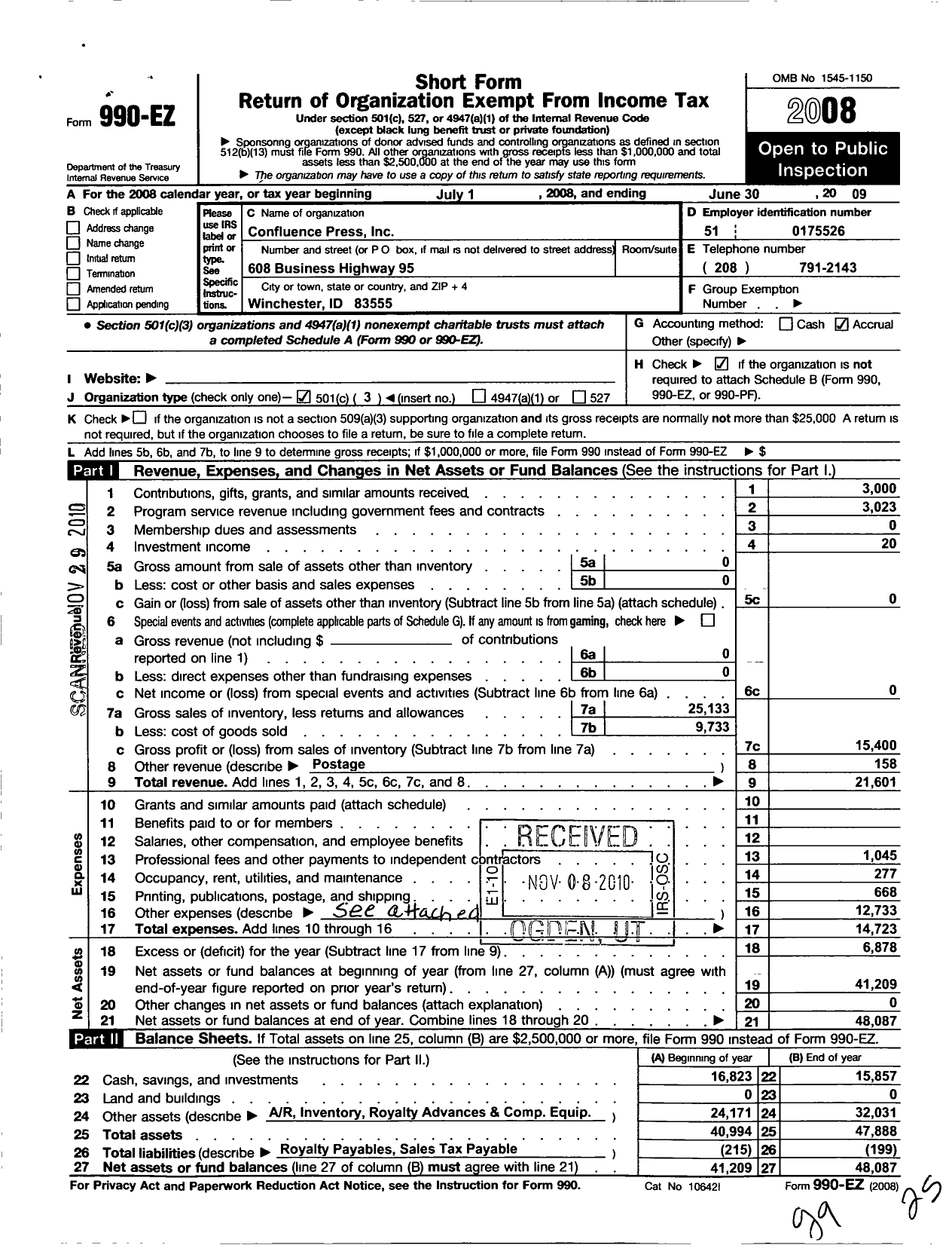Image of first page of 2008 Form 990EZ for Confluence Press
