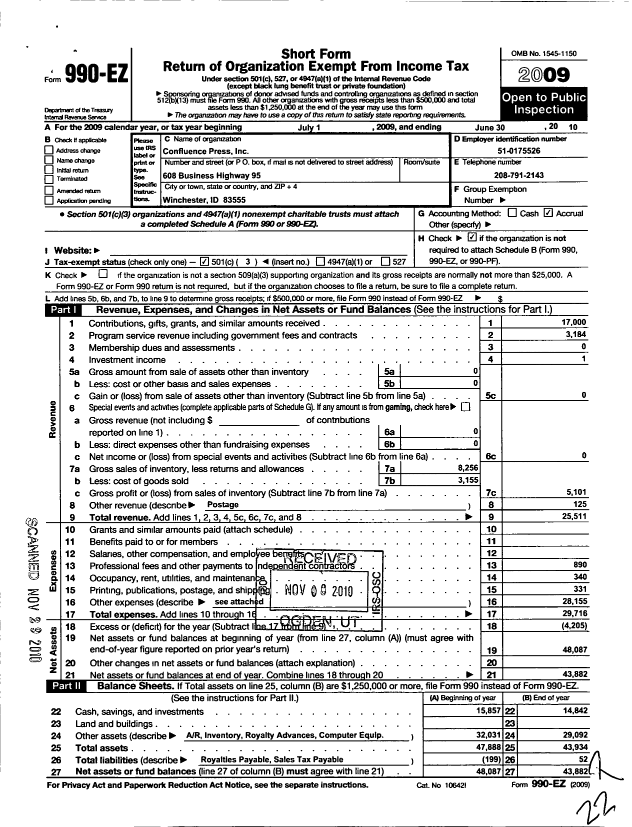 Image of first page of 2009 Form 990EZ for Confluence Press
