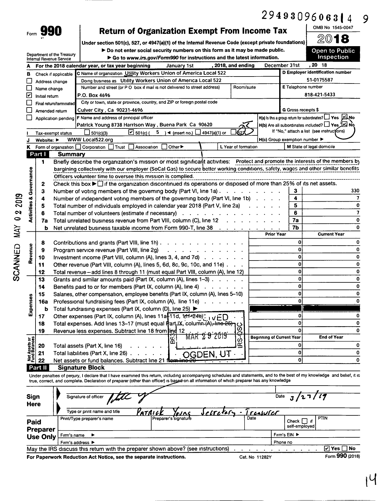 Image of first page of 2018 Form 990O for Utility Workers Union of America - 522 Uwua