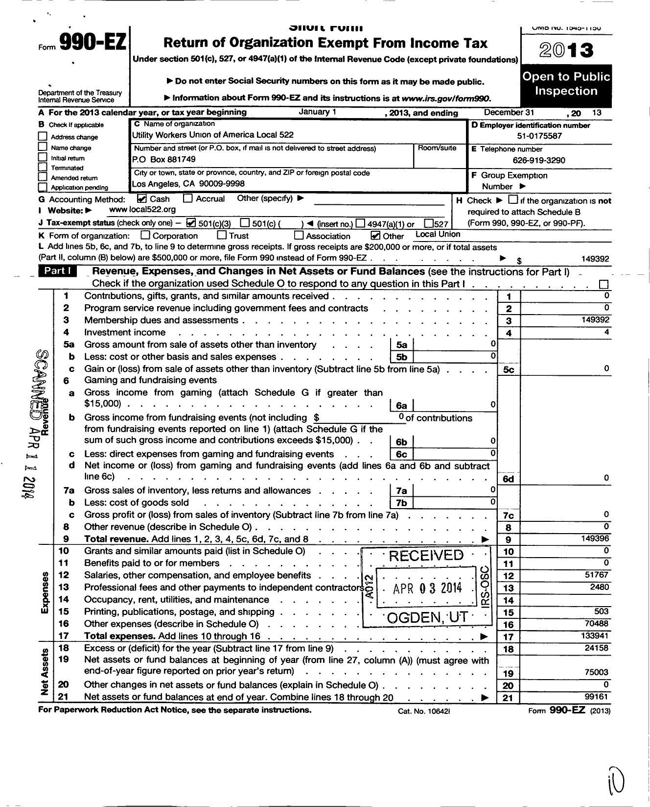 Image of first page of 2013 Form 990EZ for Utility Workers Union of America - 522 Uwua