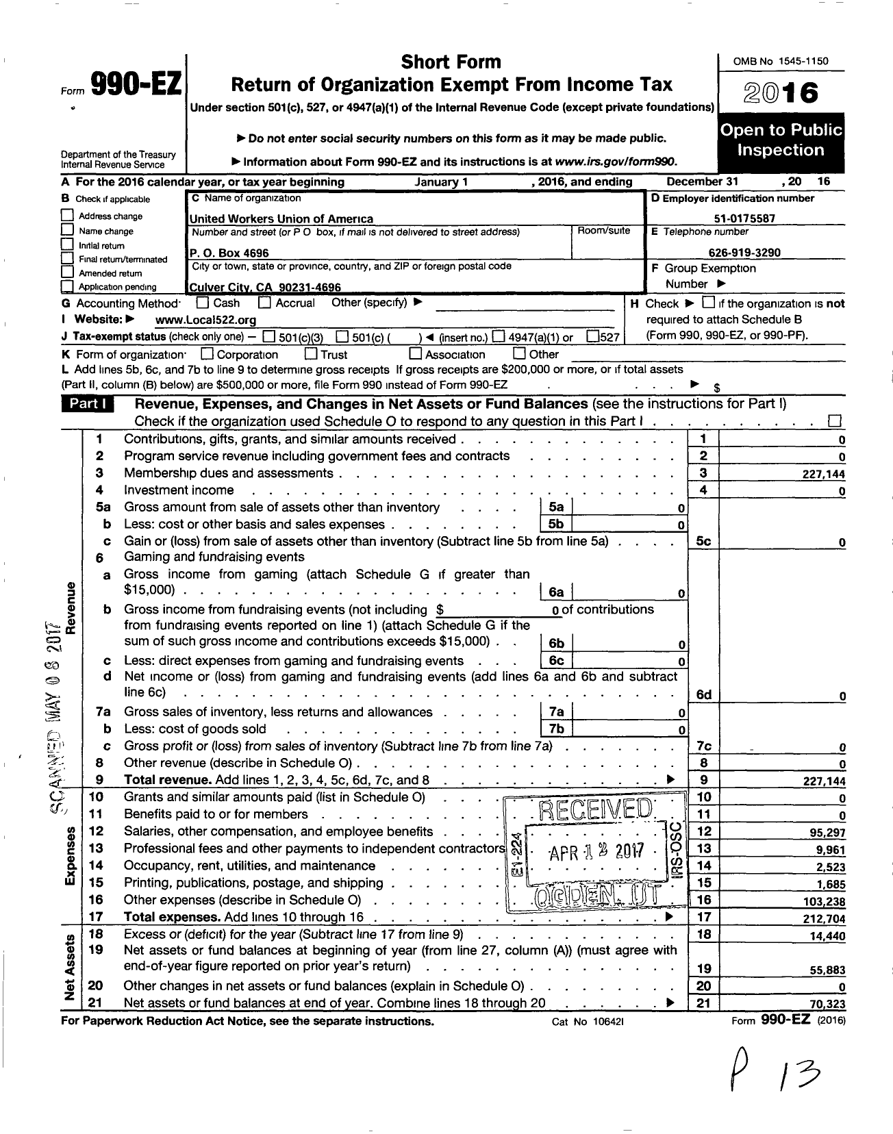 Image of first page of 2016 Form 990EO for Utility Workers Union of America - 522 Uwua