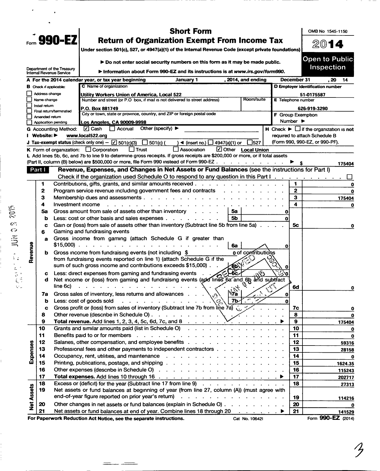 Image of first page of 2014 Form 990EZ for Utility Workers Union of America - 522 Uwua