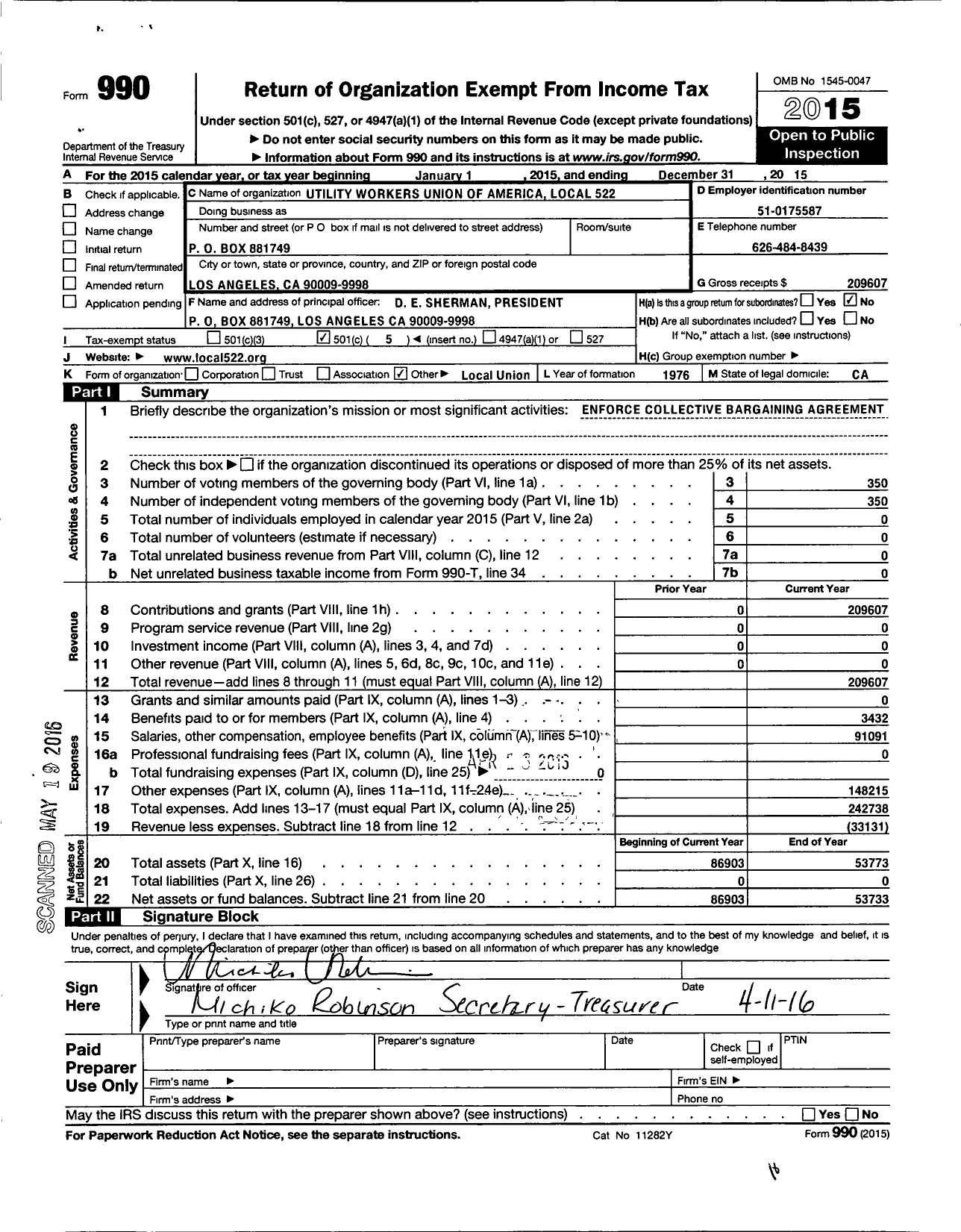 Image of first page of 2015 Form 990O for Utility Workers Union of America - 522 Uwua