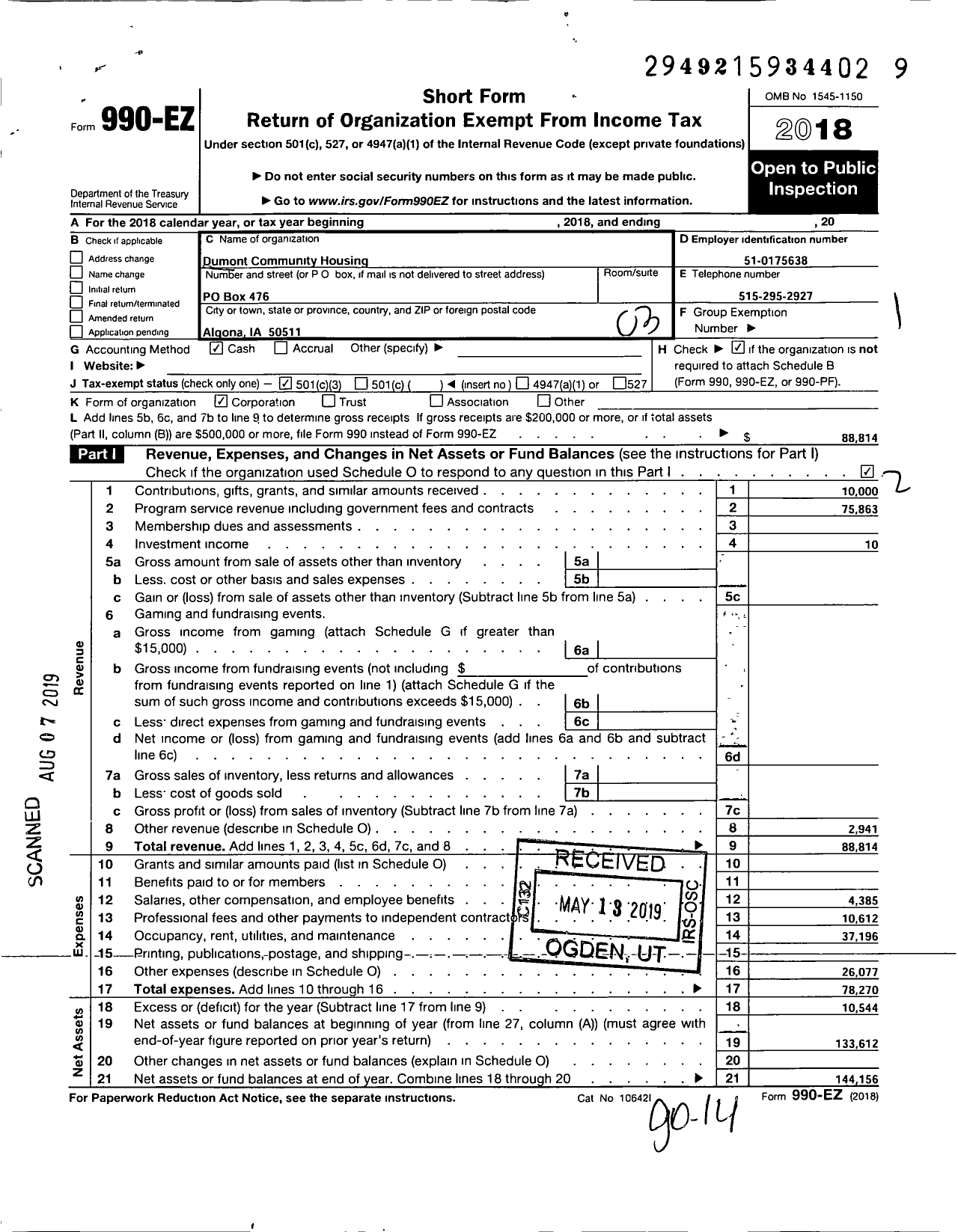 Image of first page of 2018 Form 990EZ for Dumont Community Housing