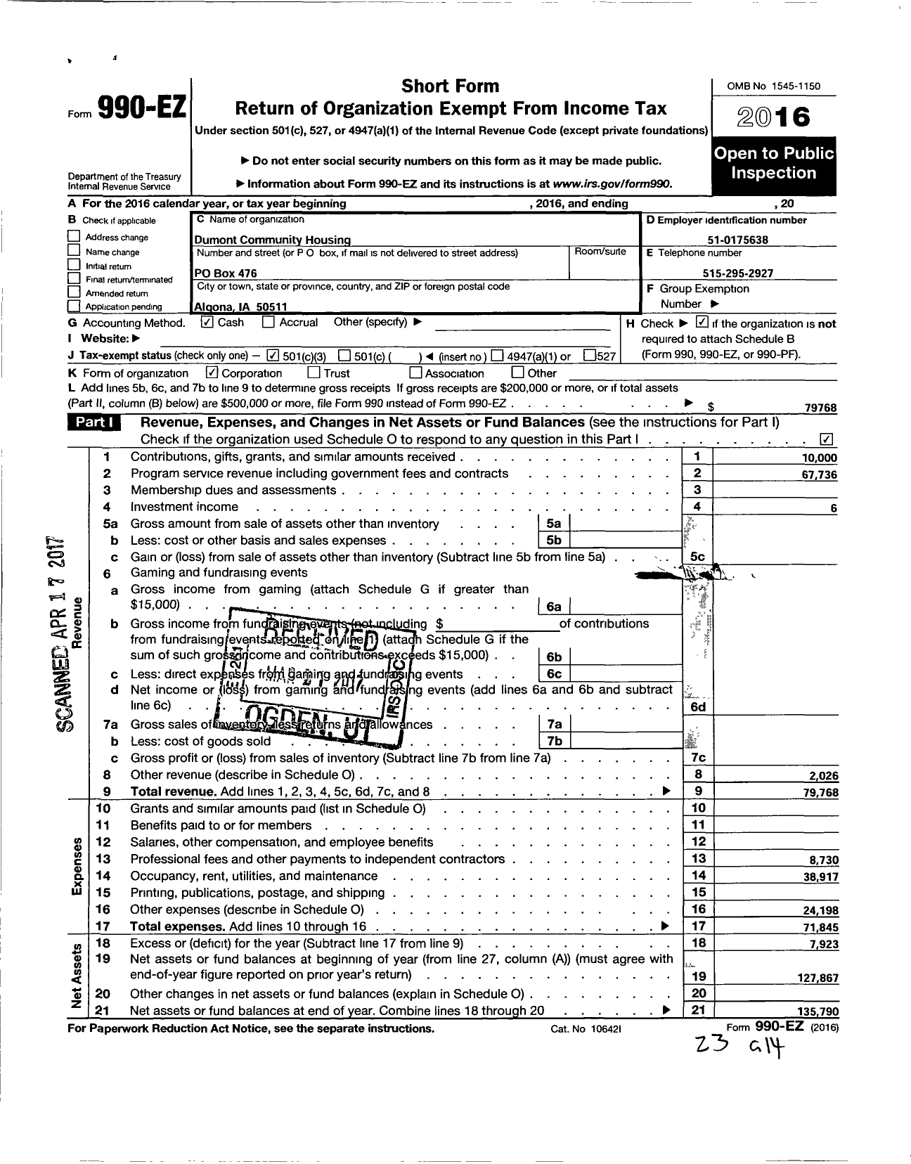 Image of first page of 2016 Form 990EZ for Dumont Community Housing