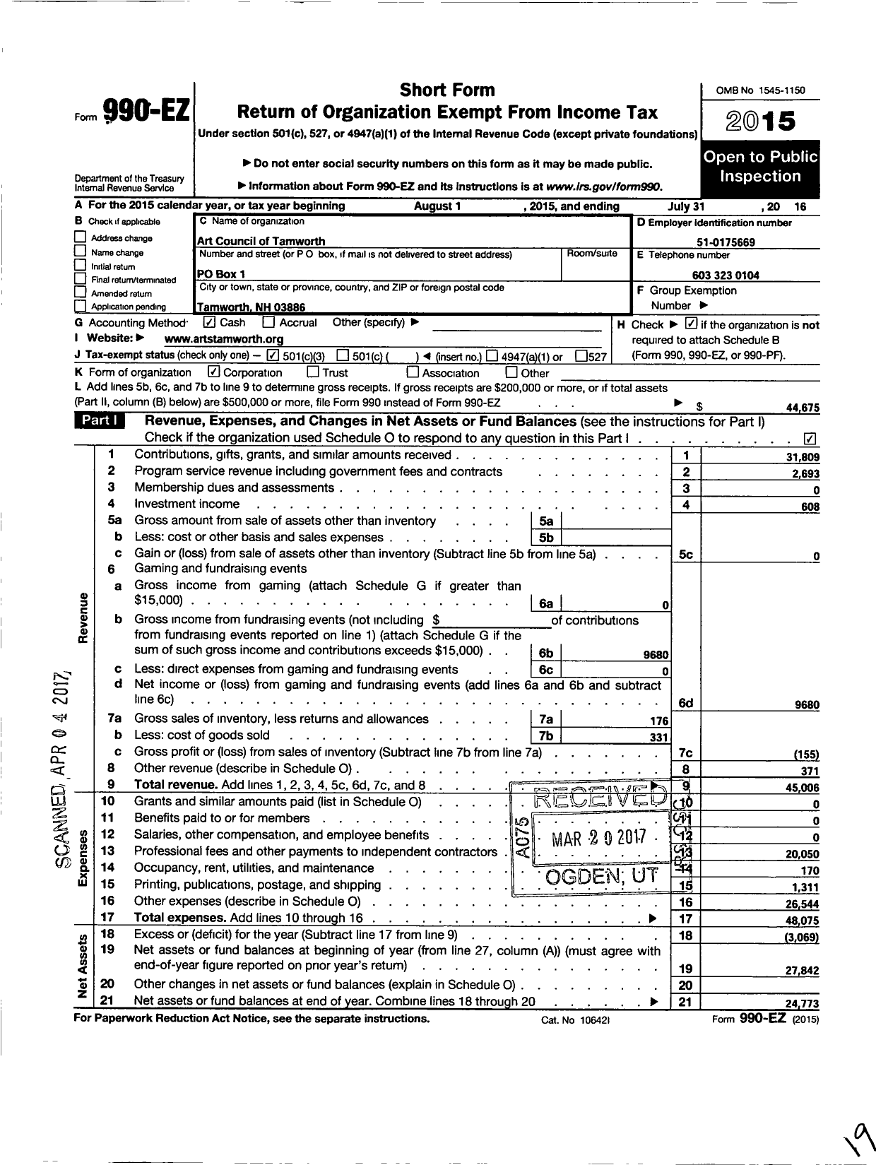 Image of first page of 2015 Form 990EZ for Arts Council of Tamworth