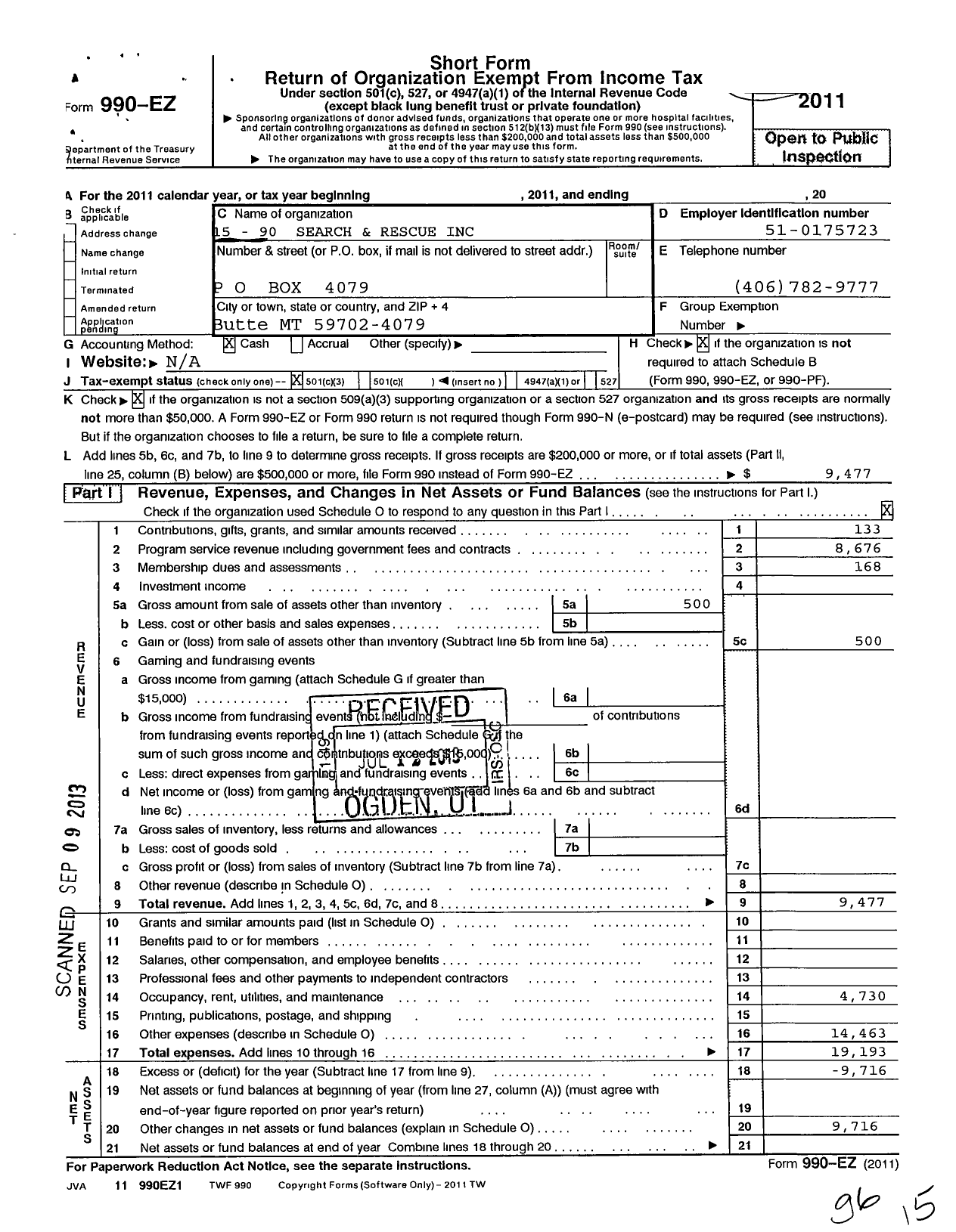 Image of first page of 2011 Form 990EZ for 15-90 Search and Rescue 15-90 Search and Rescue