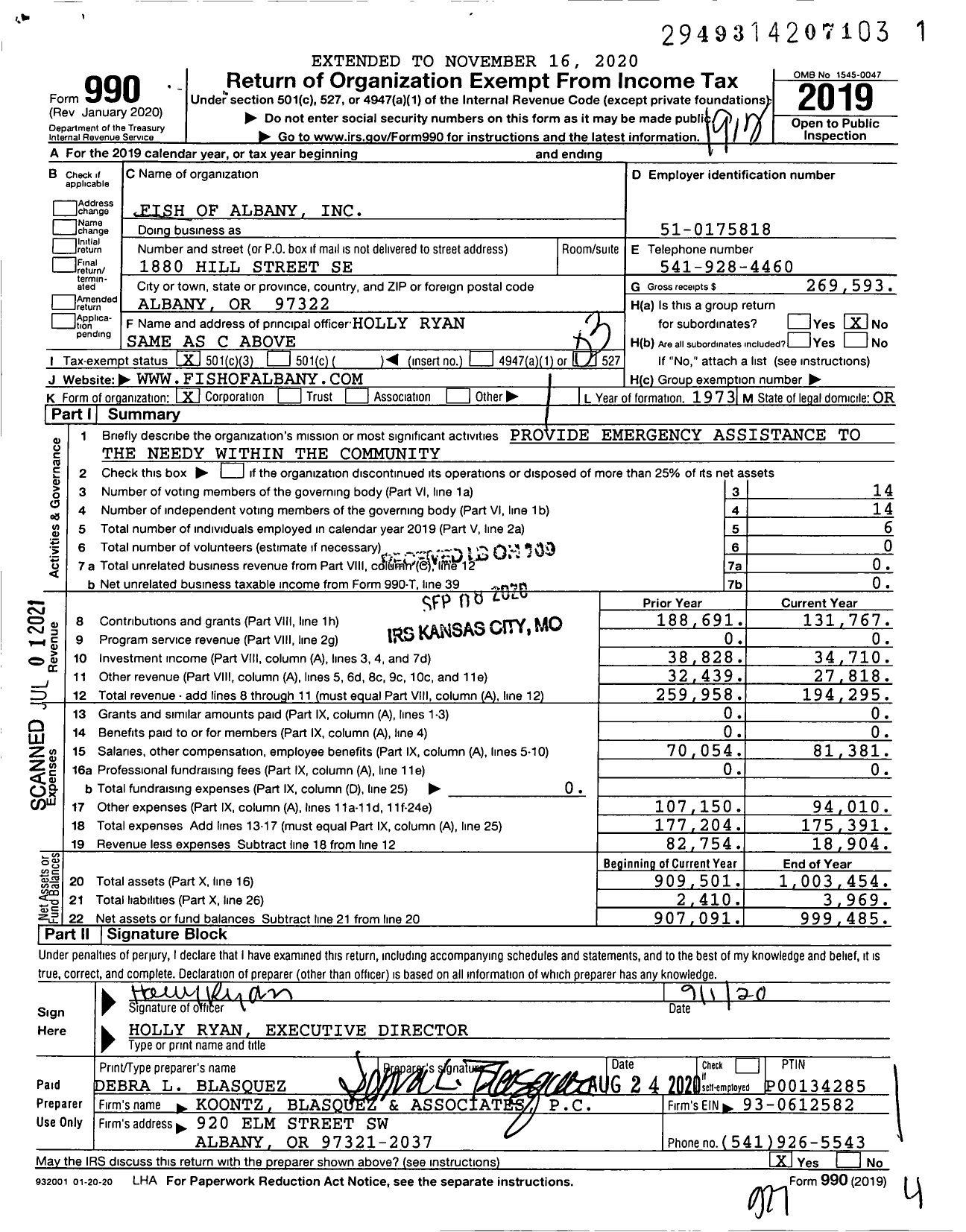 Image of first page of 2019 Form 990 for Fish of Albany