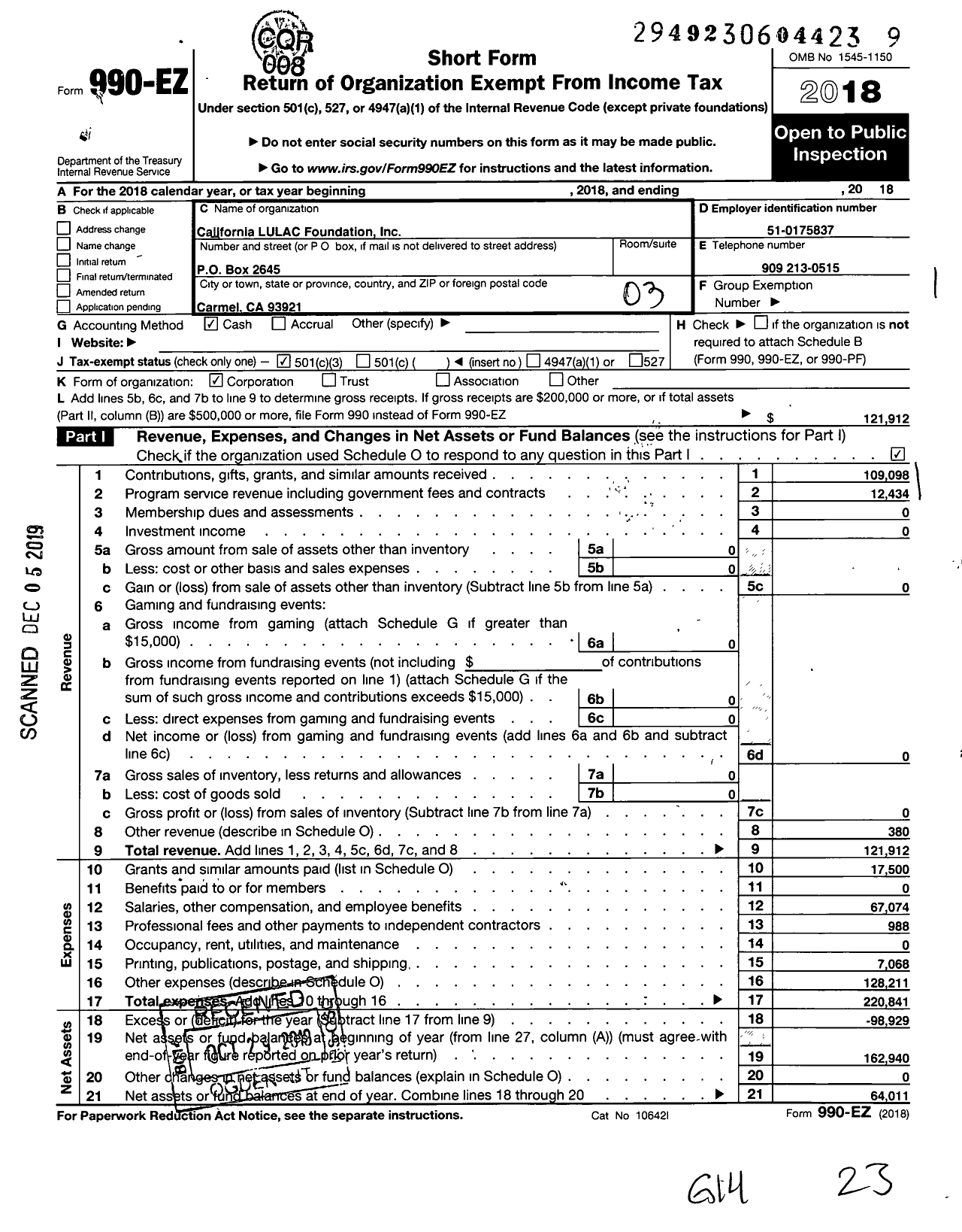 Image of first page of 2018 Form 990EZ for California Lulac Foundation