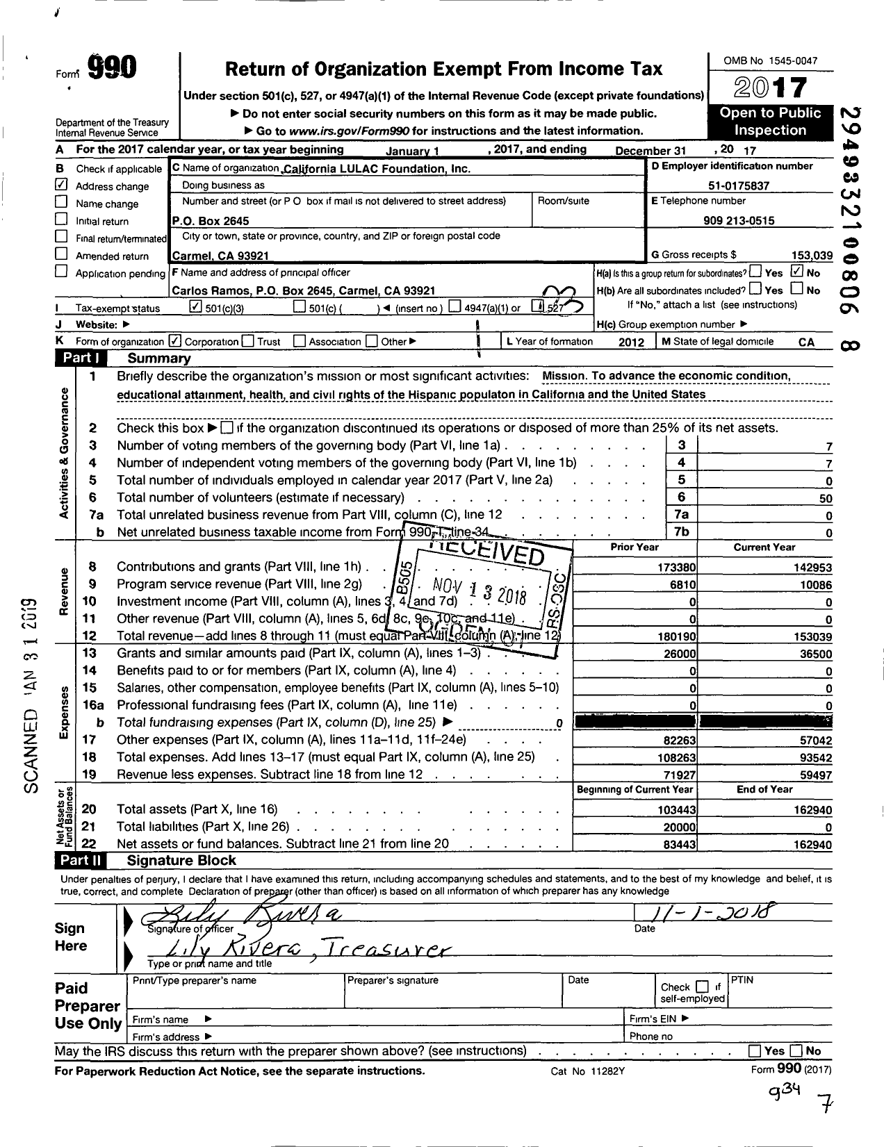 Image of first page of 2017 Form 990 for California Lulac Foundation