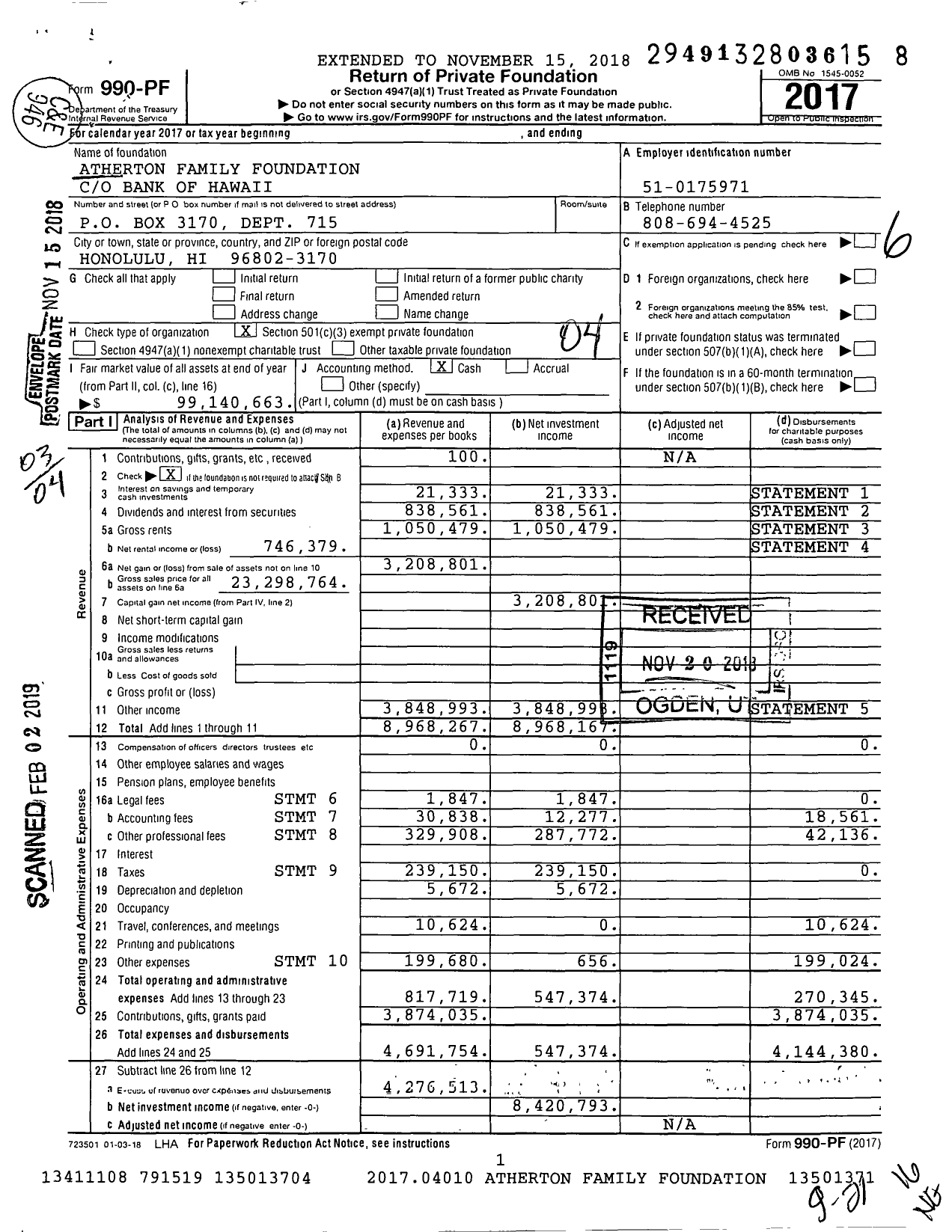 Image of first page of 2017 Form 990PF for Atherton Family Foundation XXX-XX-XXXX