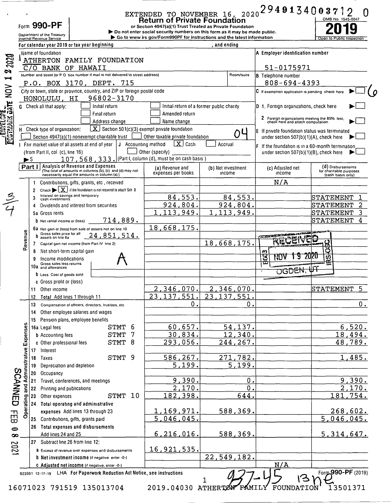 Image of first page of 2019 Form 990PF for Atherton Family Foundation XXX-XX-XXXX